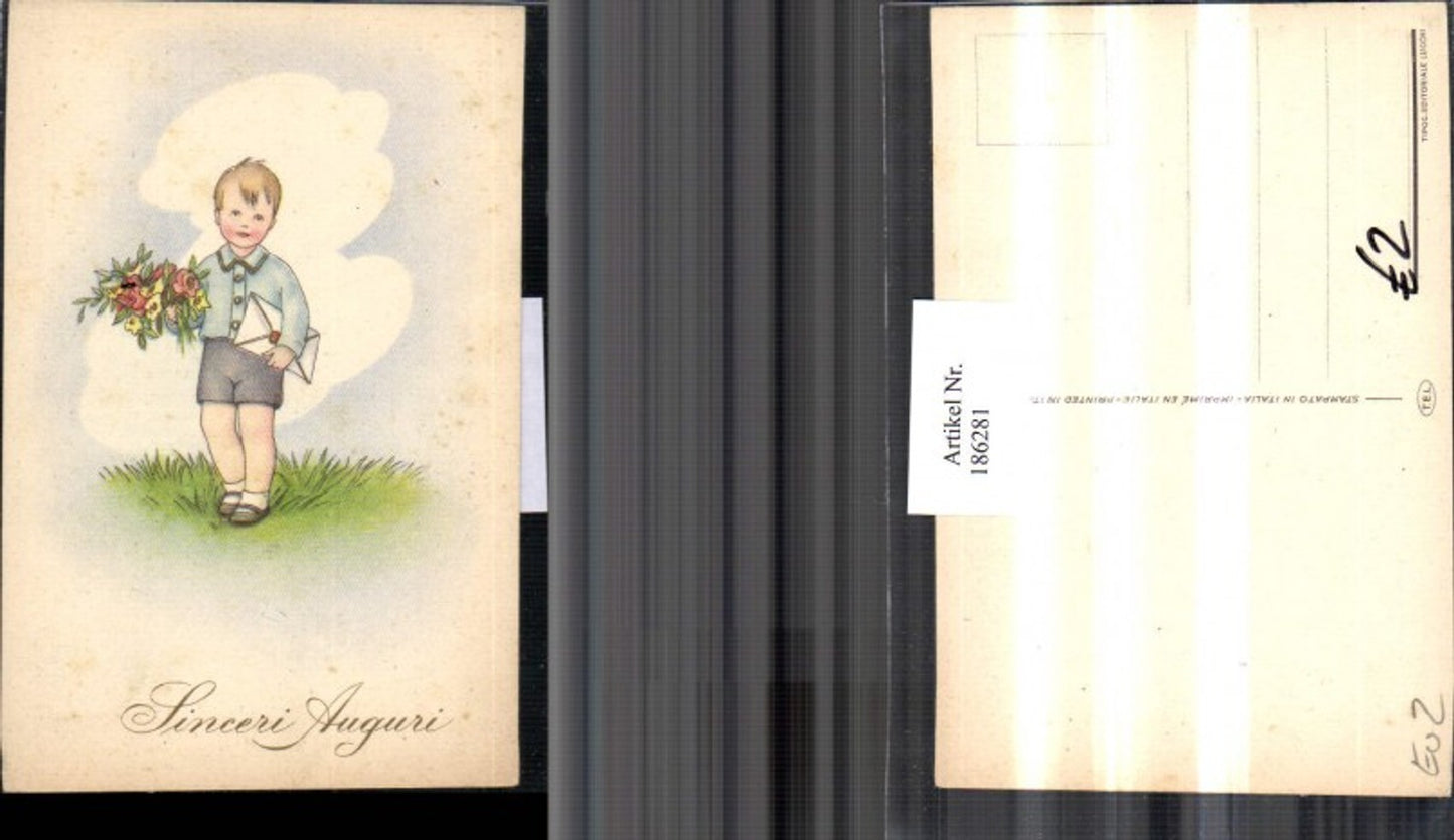 186281,Junge m. Brief Blumenstrauß Wiese