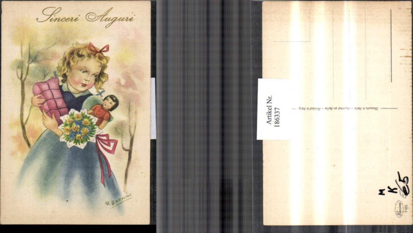 186337,Künstler AK Barnini Mädchen m. Puppe Blumen
