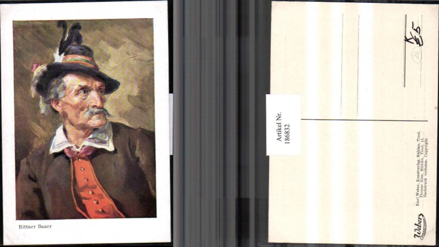 186832,Künstler AK Riss Meran Rittner Bauer alter Mann m. Hut Portrait