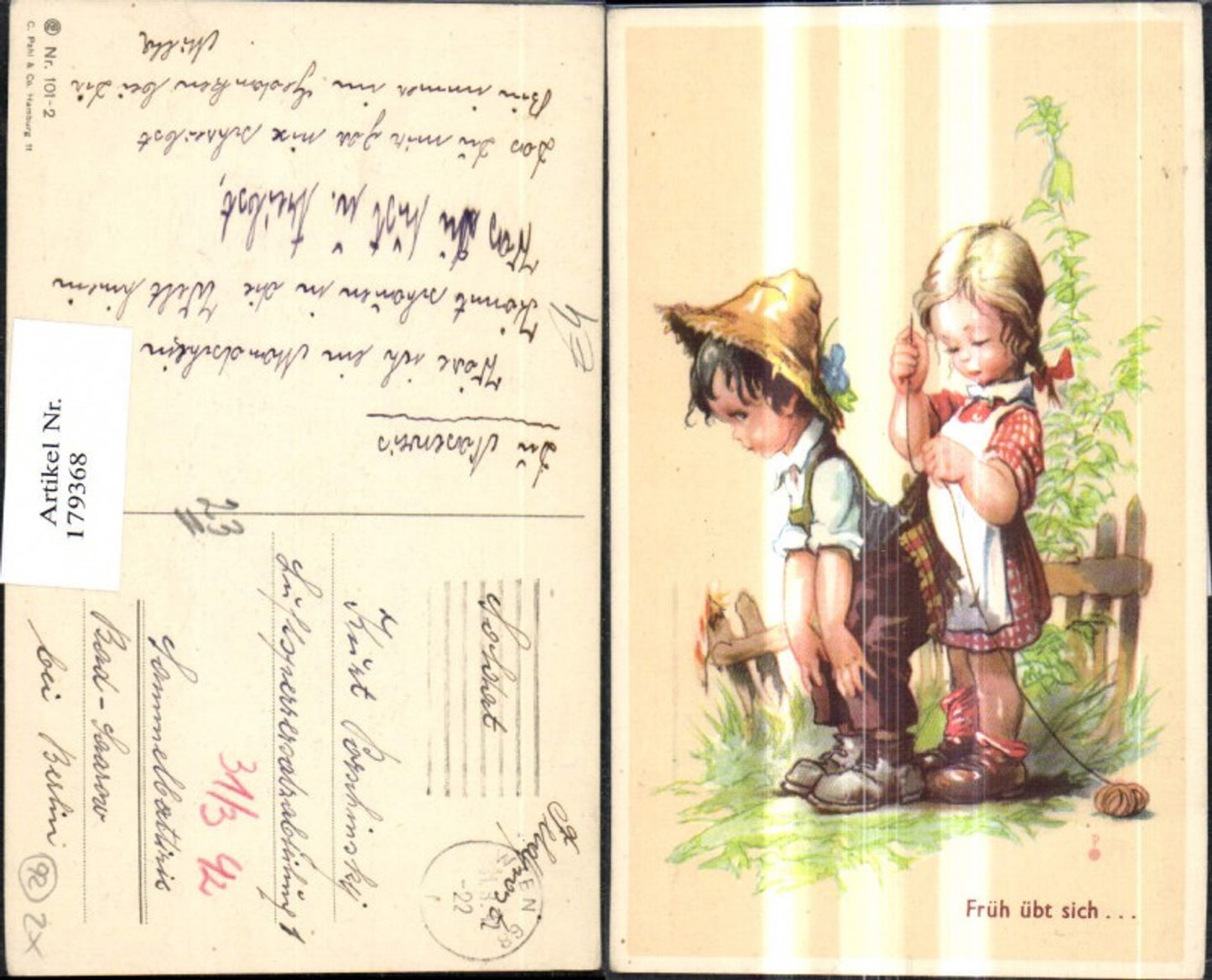 179368, Artist Ak Children Girl sewing boy's trousers Early practice needle thread