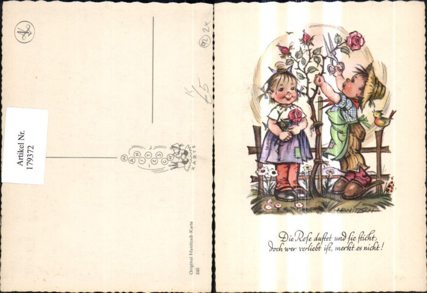 179372,Künstler Ak Hanitzsch Kinder Junge Bub schneidet Rosen f. Mädchen Spruch