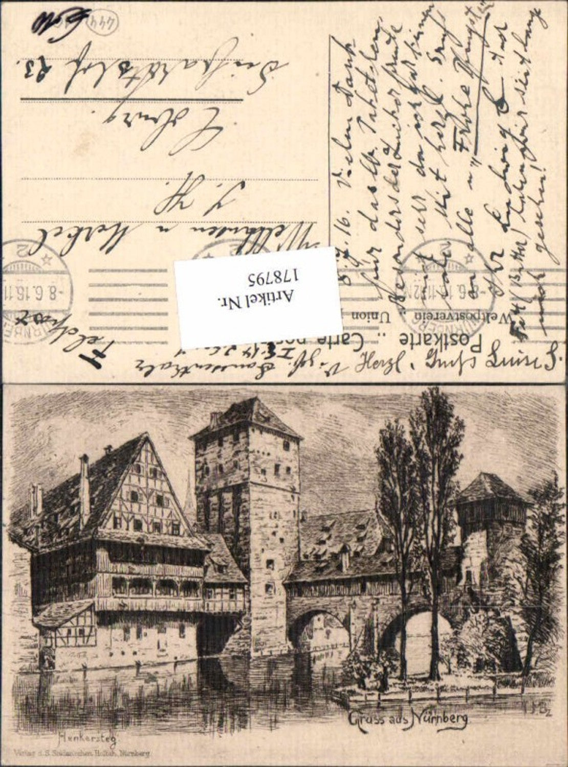 178795,Künstler AK Gruss aus Nürnberg Henkersteg Radierung