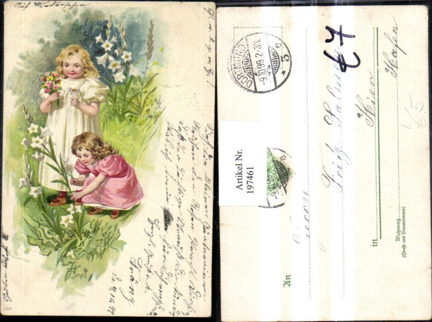 197461, Lithograph AK Girl picking flowers, flower dresses