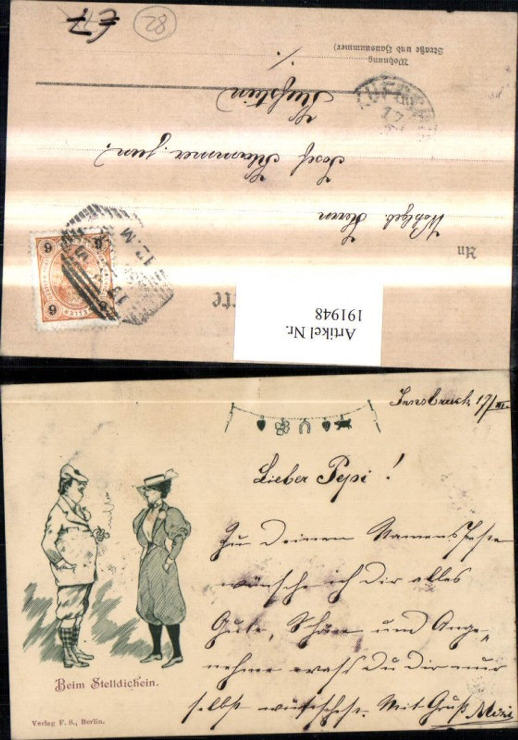 191948,Künstler AK Beim Stelldichein Mann m. Pfeife Frau m. Hut