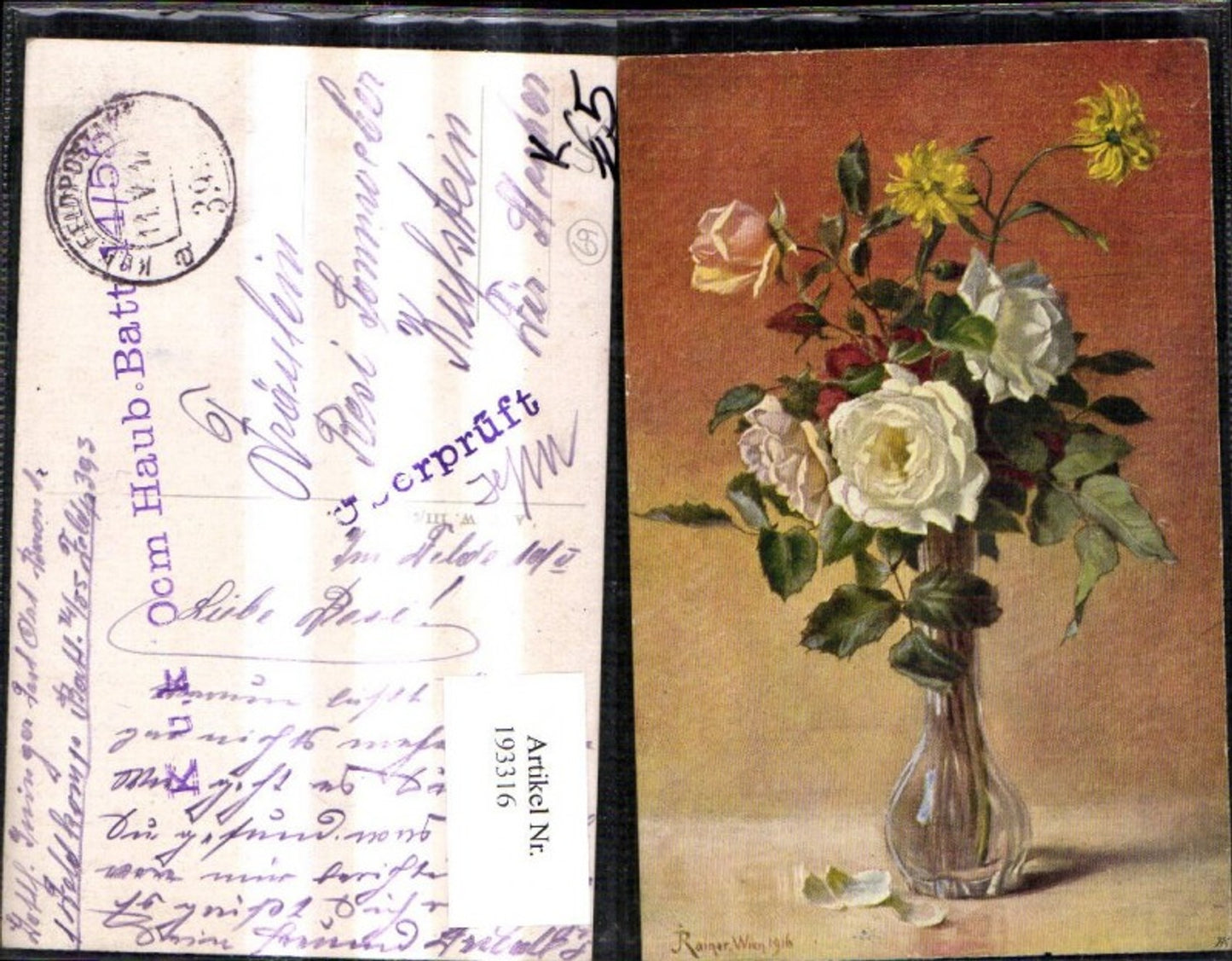 193316,Künstler Ak Rainer Vase Blumen Rosen