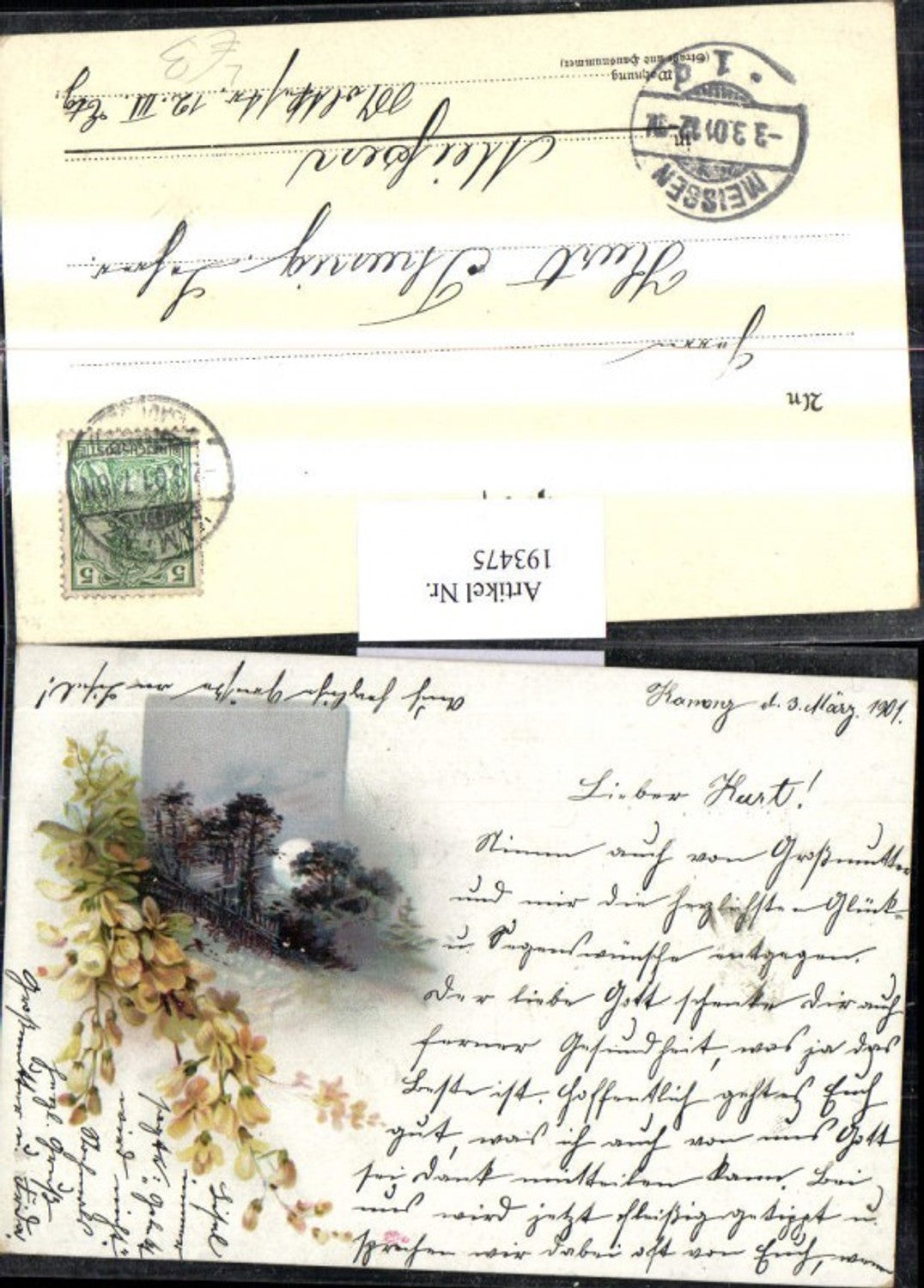 193475,Litho AK Landschaft Mondschein Blumen