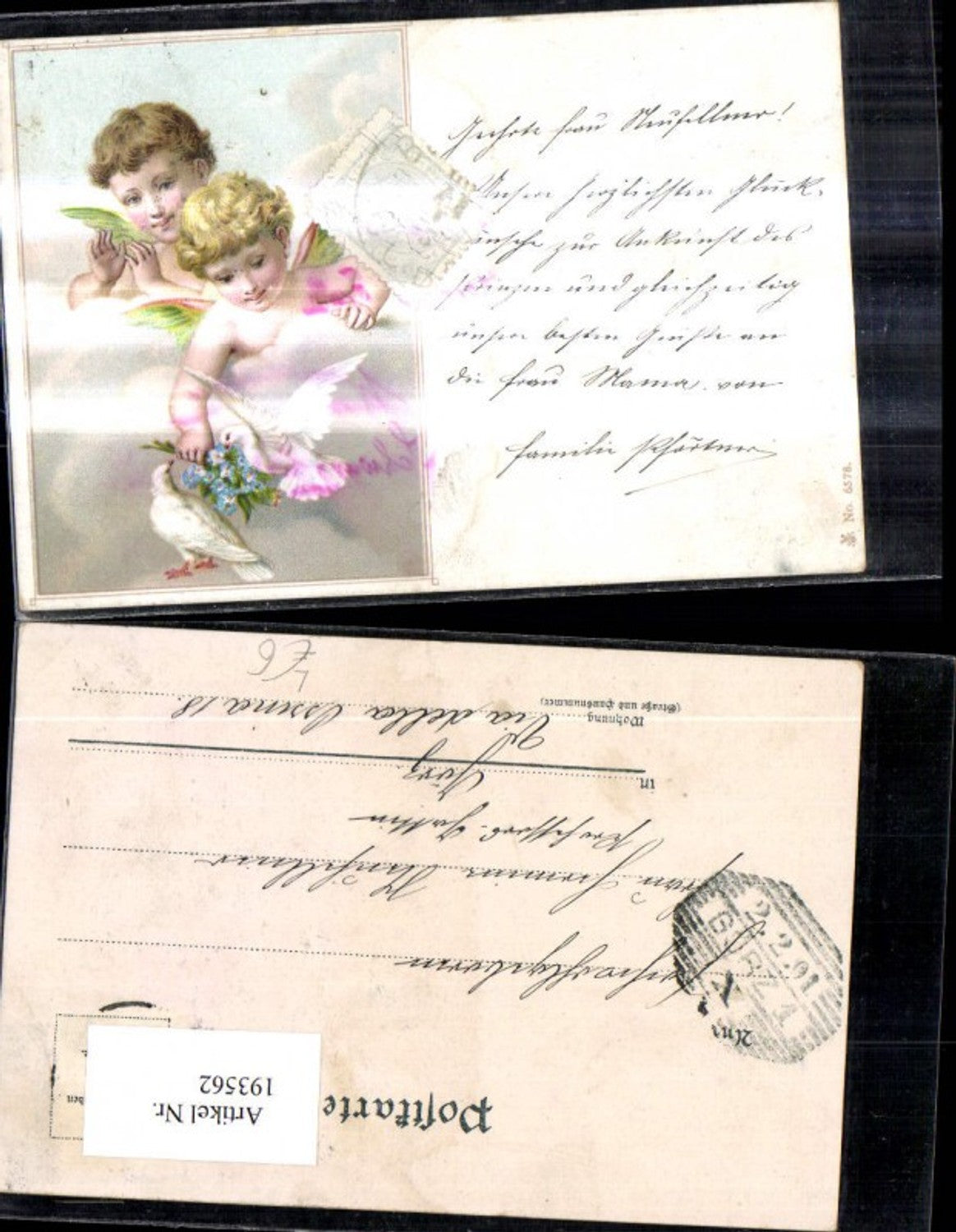 193562,Künstler Litho Engel m. Taube Blume