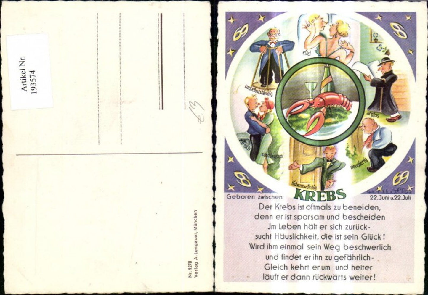 193574,Künstler Ak Ch. Müller Sternzeichen Krebs Spruch Text