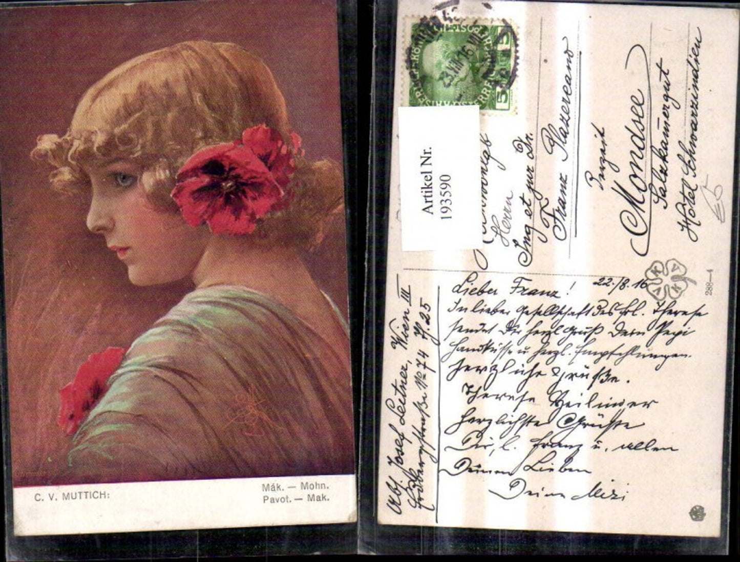 193590,Künstler Ak C. V. Muttich Mohn Mädchen m. Mohnblüte i. Haar