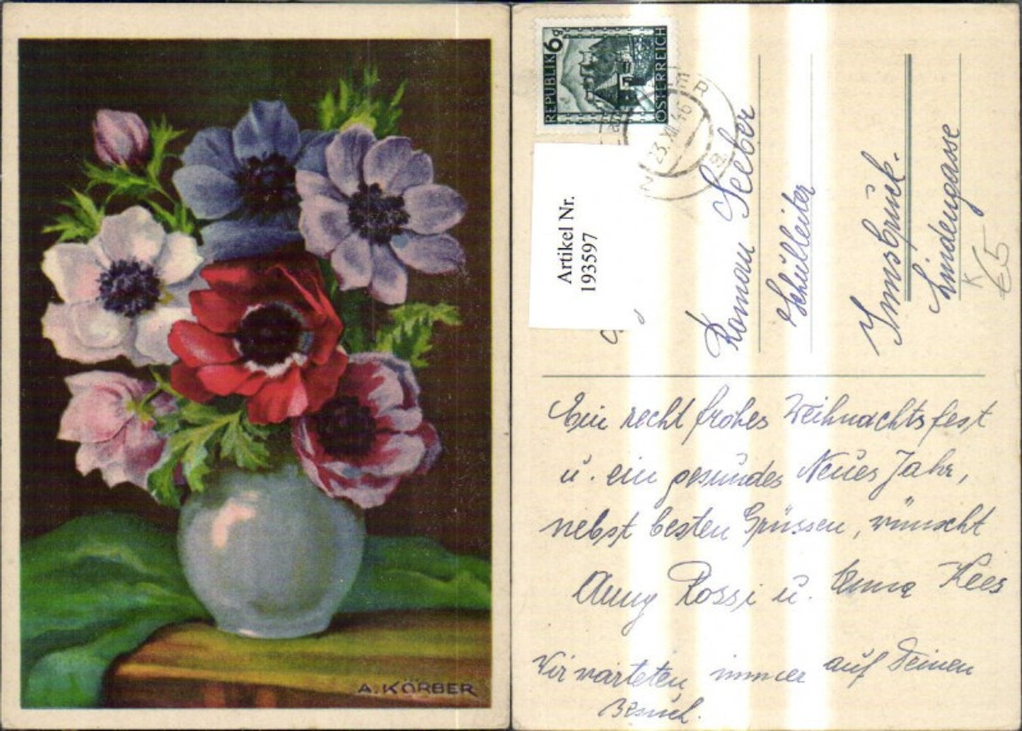 193597,Künstler Ak A. Körber Vase m. Blumen