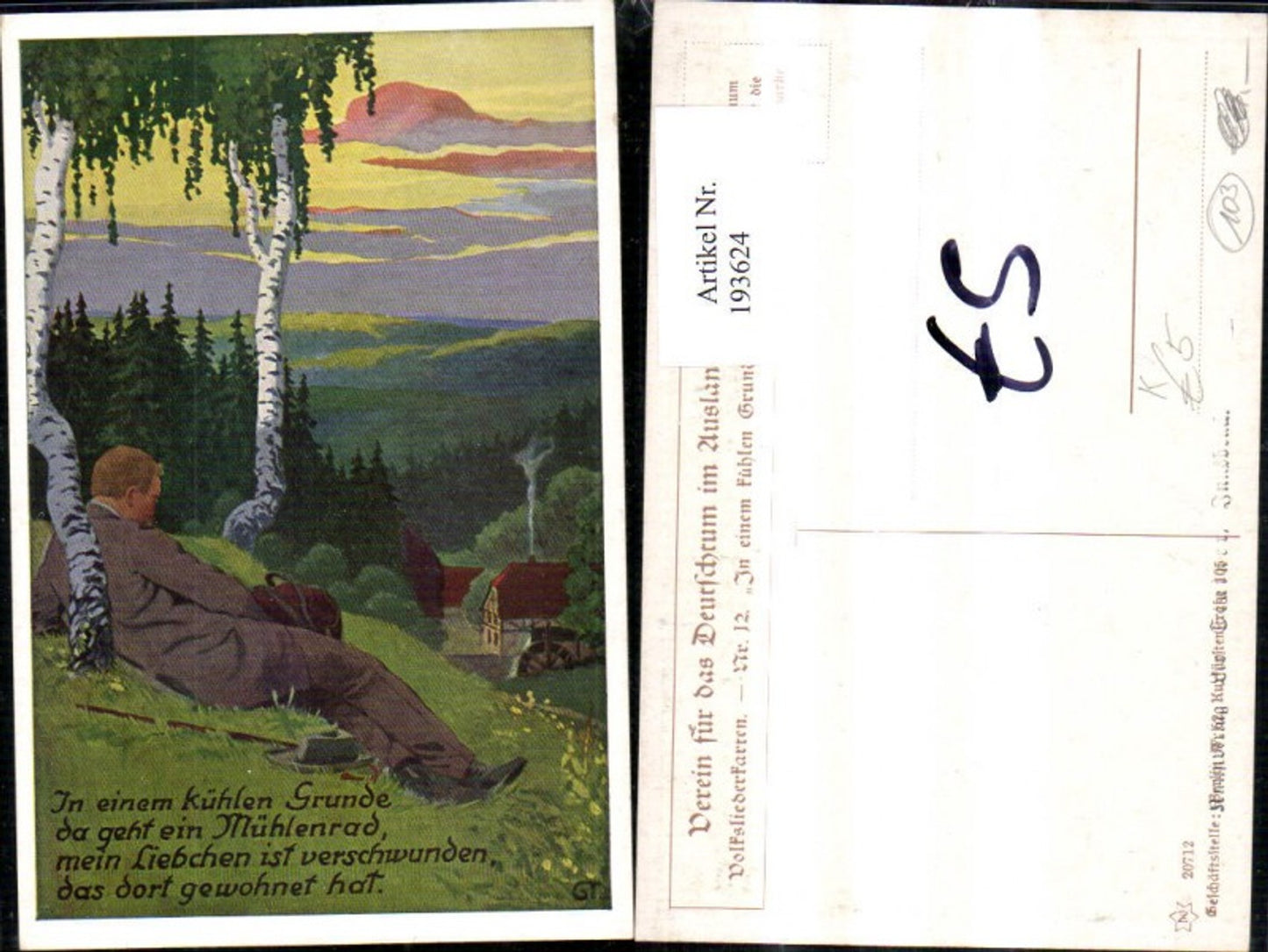 193624,Künstler Ak Volksliederkarte 12 In einem kühlen Grunde GT Mann unter Birken b. Rast Spazierstock Hut Spruch Tex