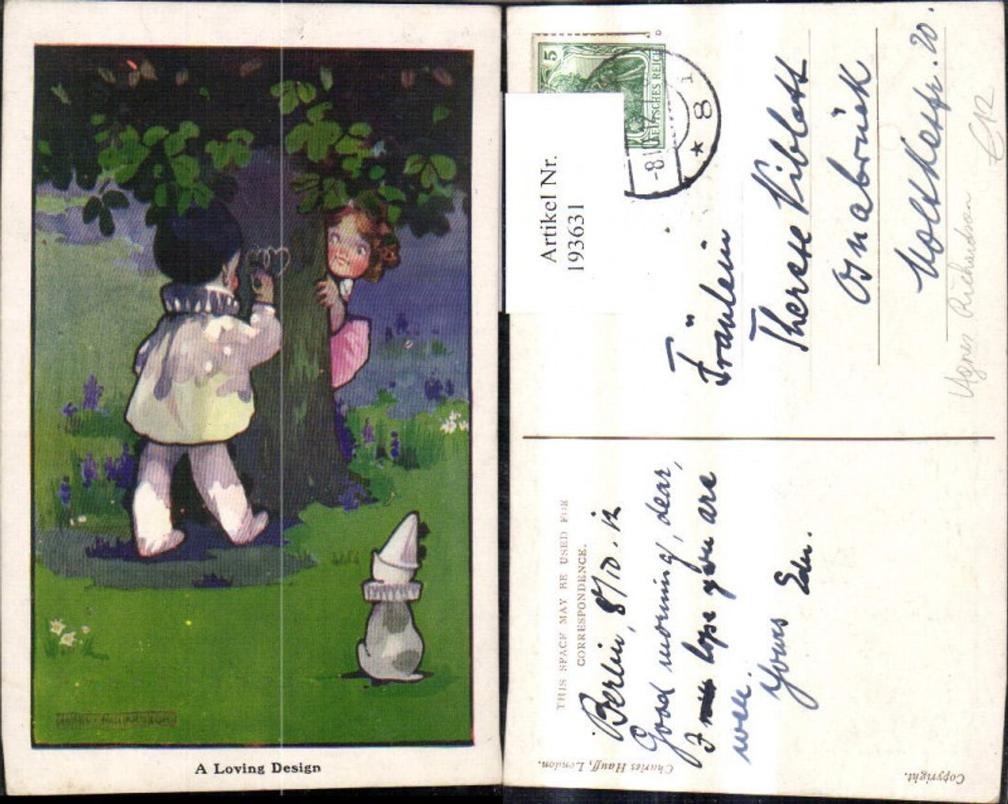 193631,Künstler Ak Agnes Richardson A loving Design Kinder Clown ritzt Herzen i. Baum