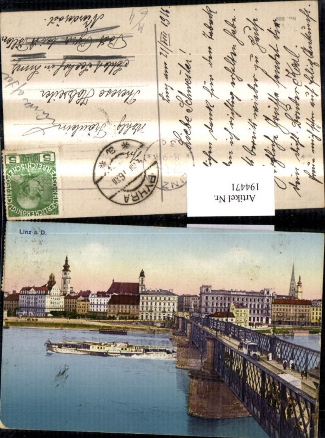 194471, Linz on the Danube, partial view of bridge and ship