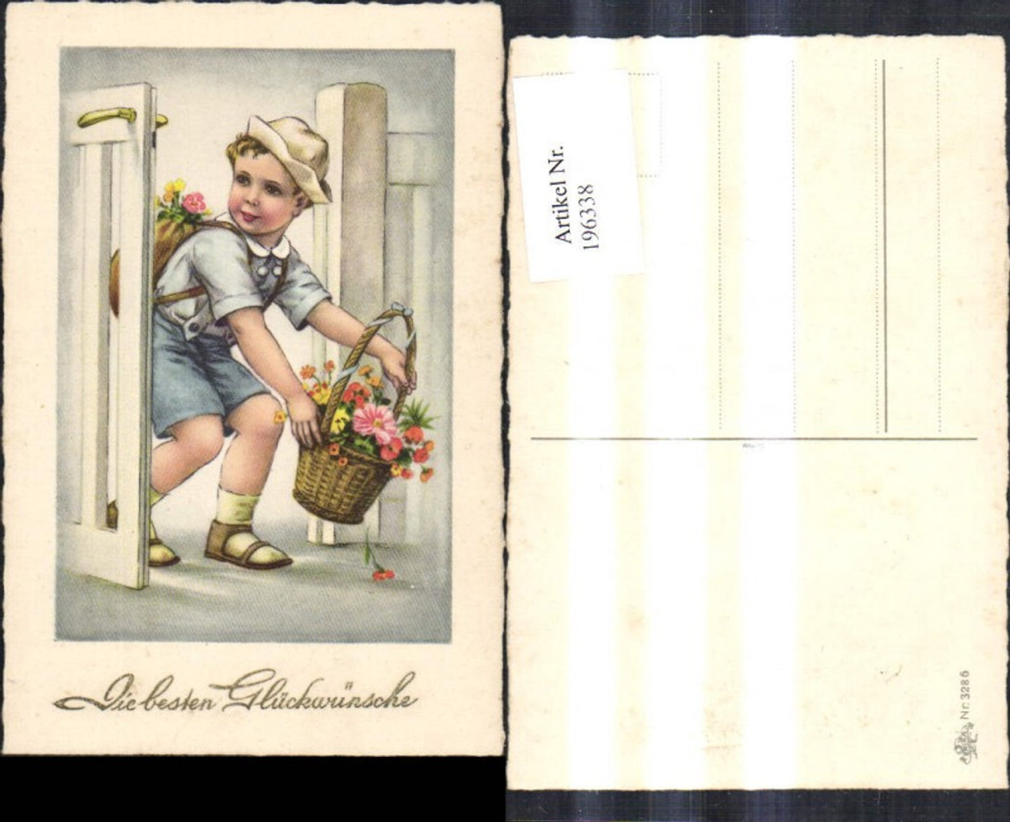 196338,Kind Junge Bub b. Gartentor Tor m. Blumen Korb