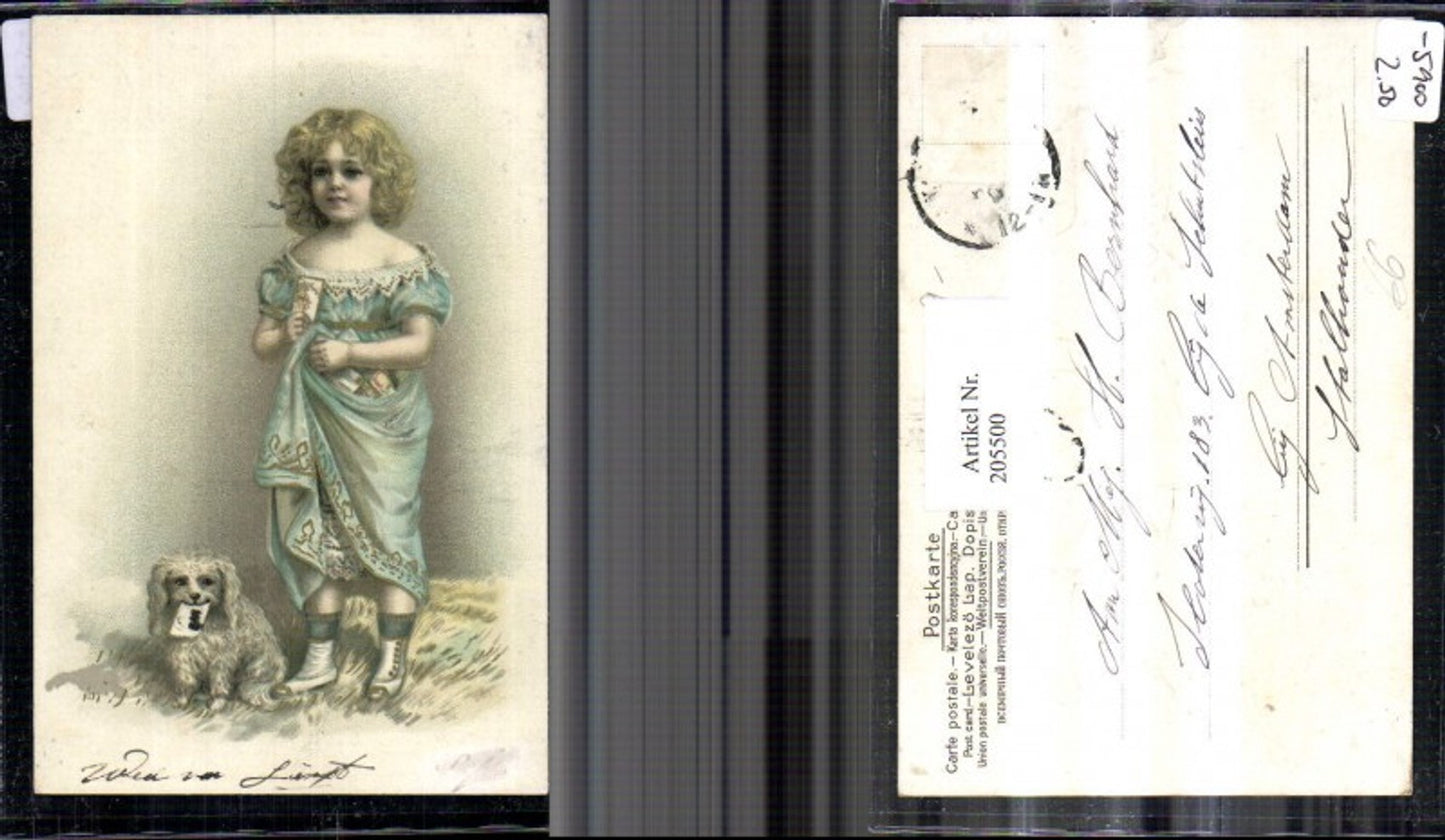 205500, embossed postcard of a girl in a dress and a dog with a letter