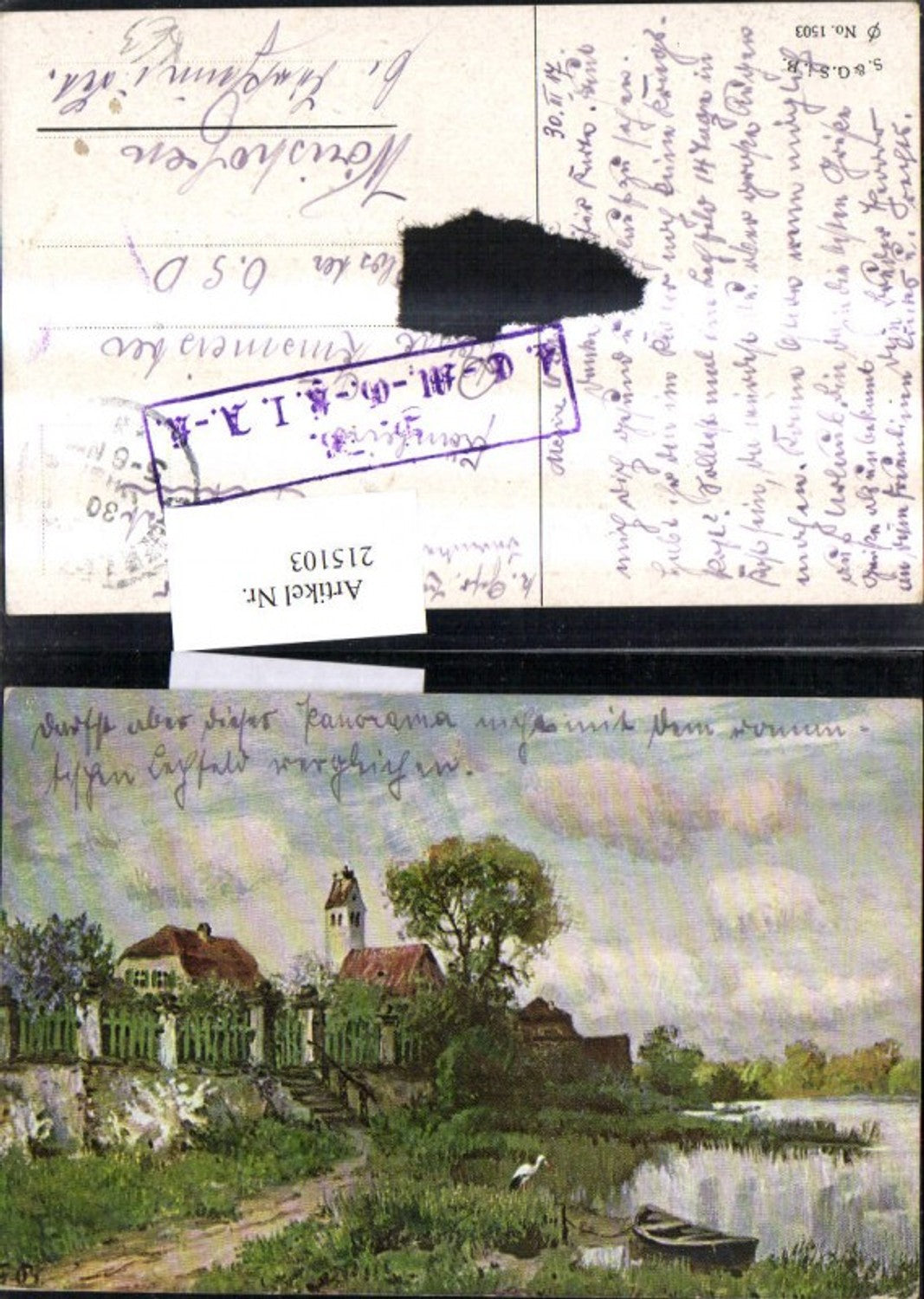 215103,Künstler Ak Dorf m. Teich Boot Storch