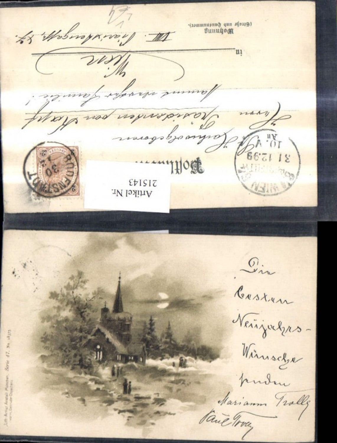 215143,Künstler Litho Kirche Winter b. Mondschein pub Gebrüder Oppacher 47/18375