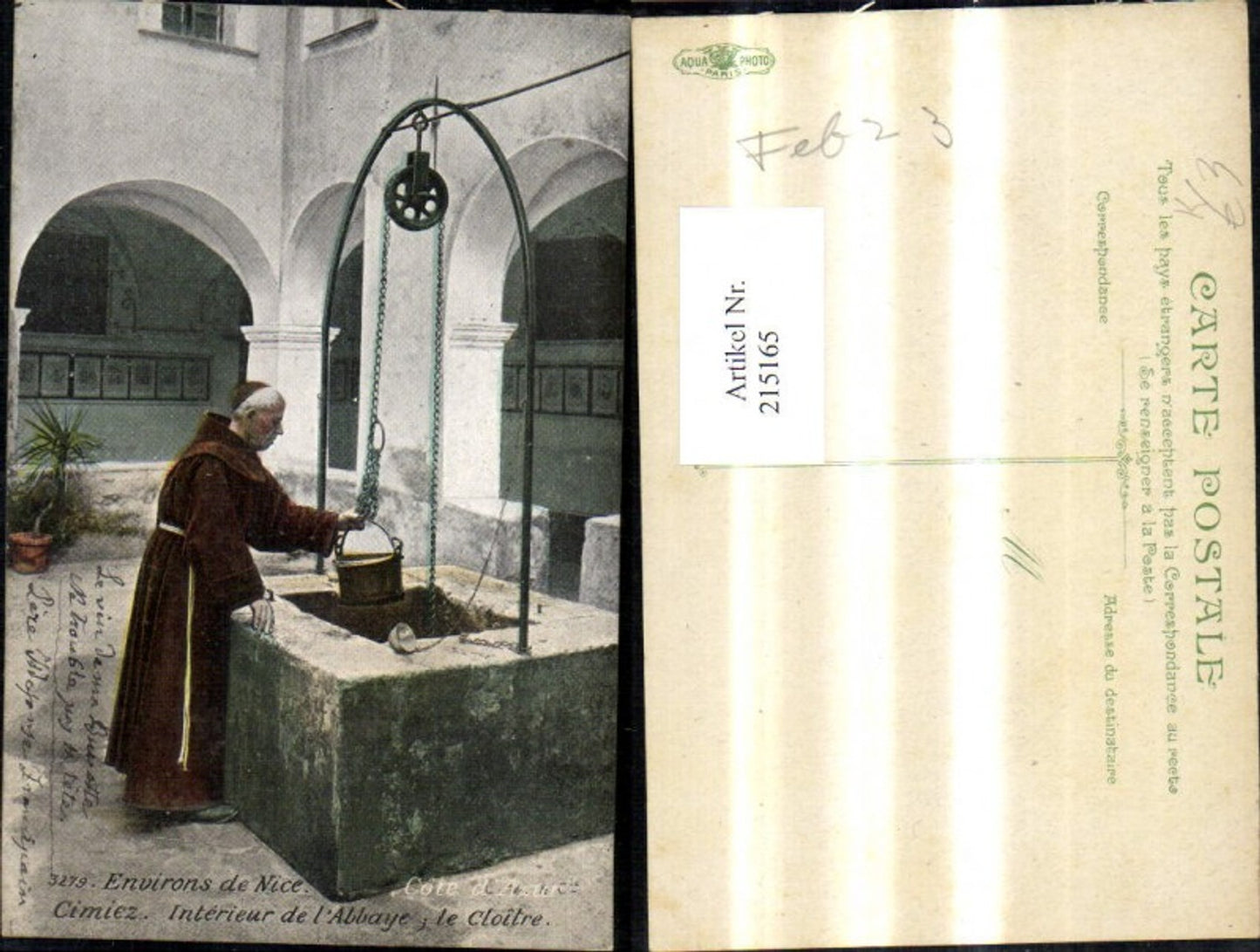 215165,Künstler Ak Cote d Azur Mönch Priester Geistlicher b. Brunnen Eimer Wasser Innenhof