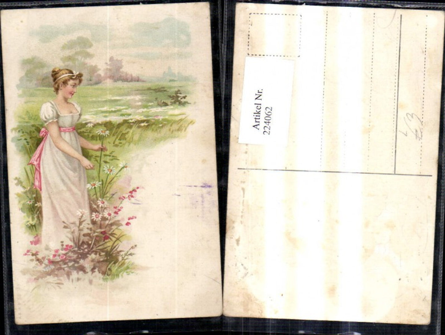 224062, Artist Lithograph Woman in Dress in Flower Meadow Landscape