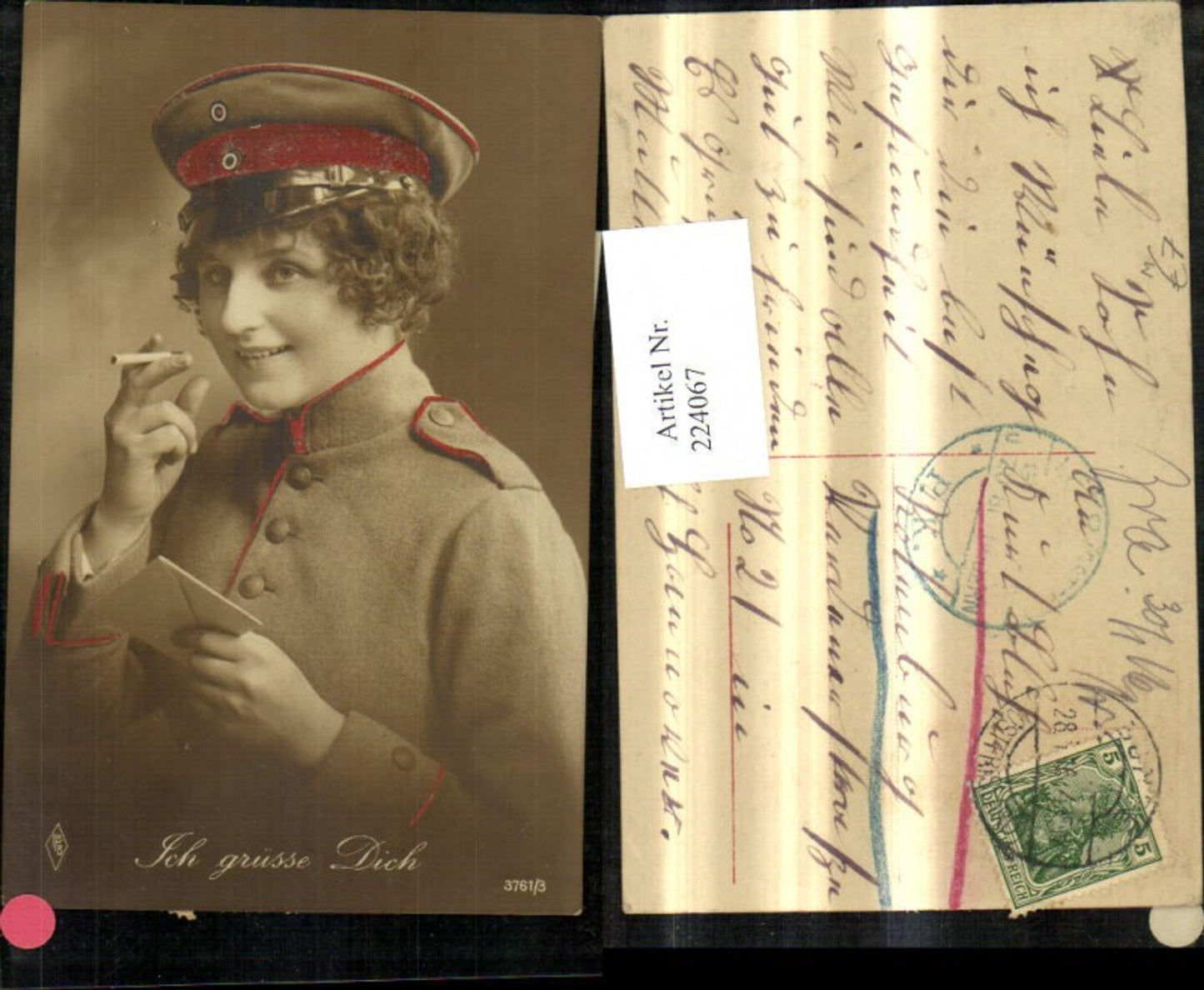 224067,Frau i. Uniform Kappe Brief Zigarette Post Ich Grüße Dich