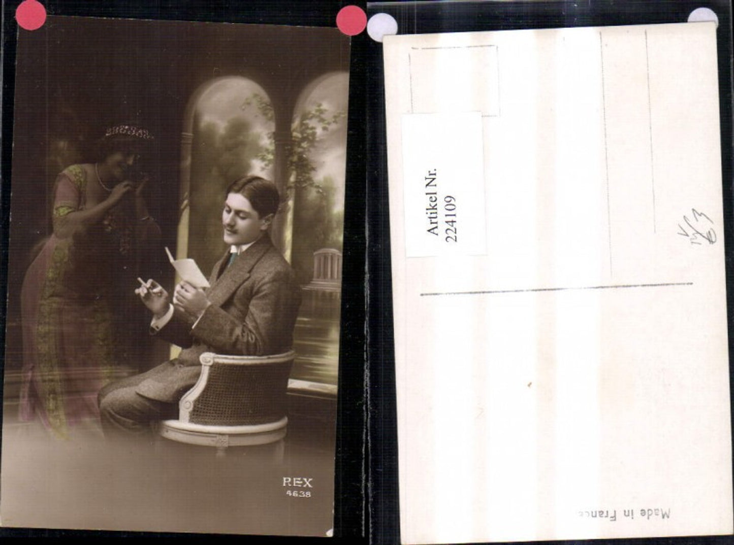 224109,Love couple, man reading letter, cigarette, woman in background, pub REX 4638
