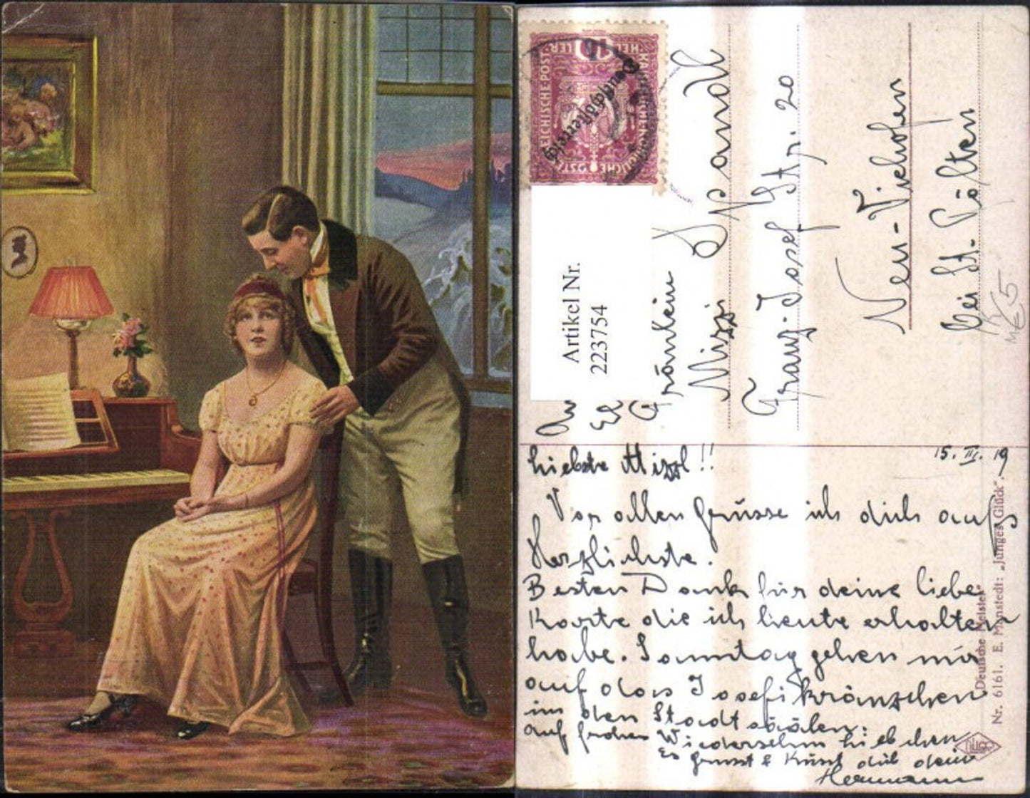 223754, Artist Ak E. Manstedt Young Happiness Love Lovers b. Piano