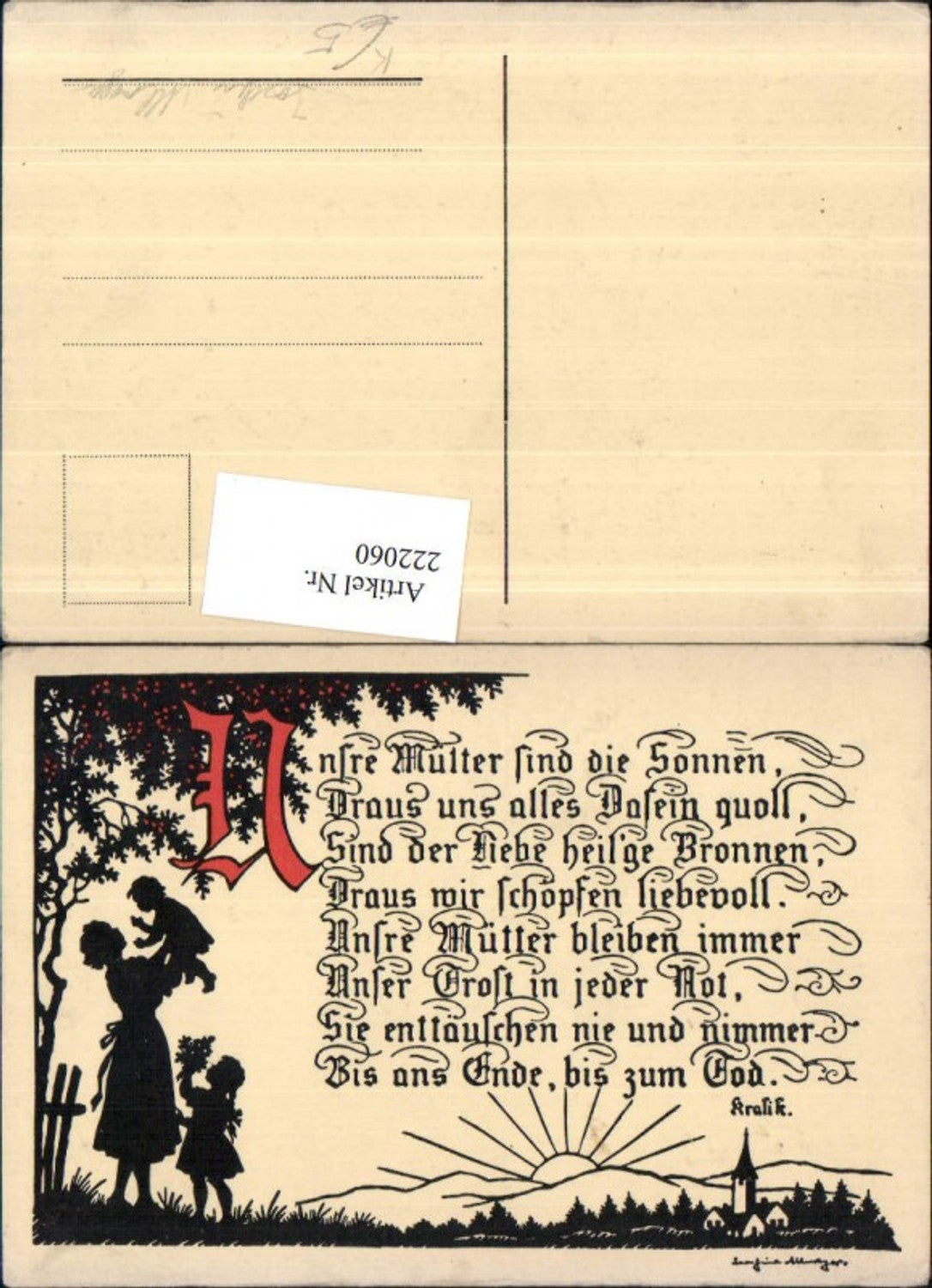 222060, Artist AK Allmayer Josefine, Silhouette of a mother with children, Poem Text