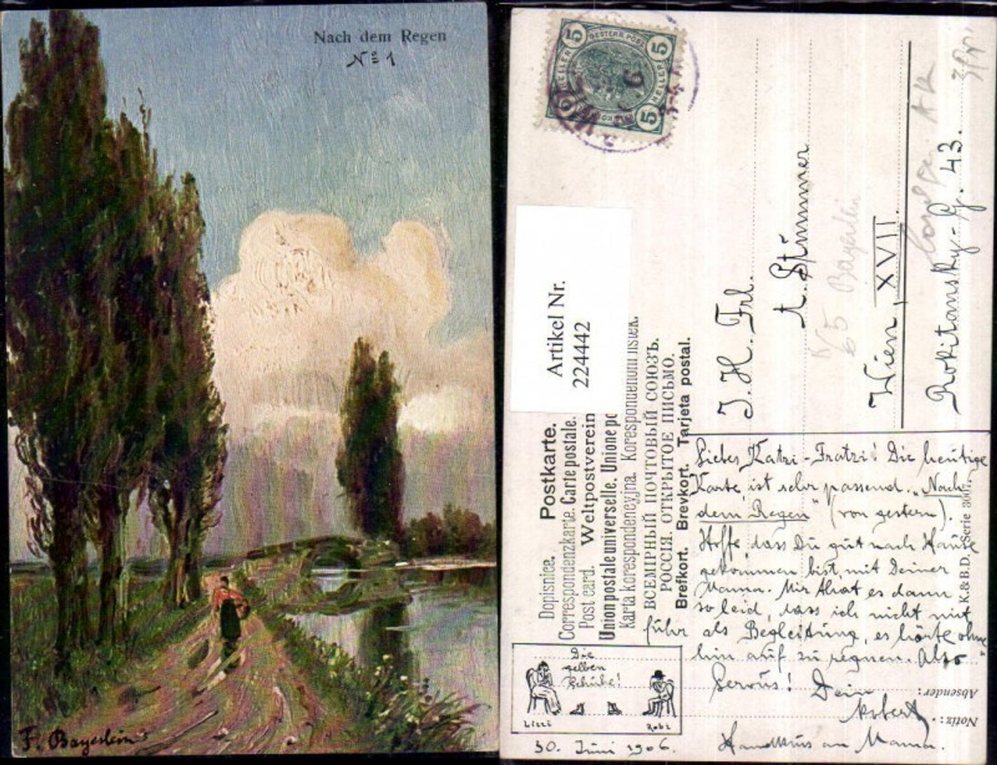 224442,Künstler AK F. Bayerlein Nach d. Regen Landschaft Brücke