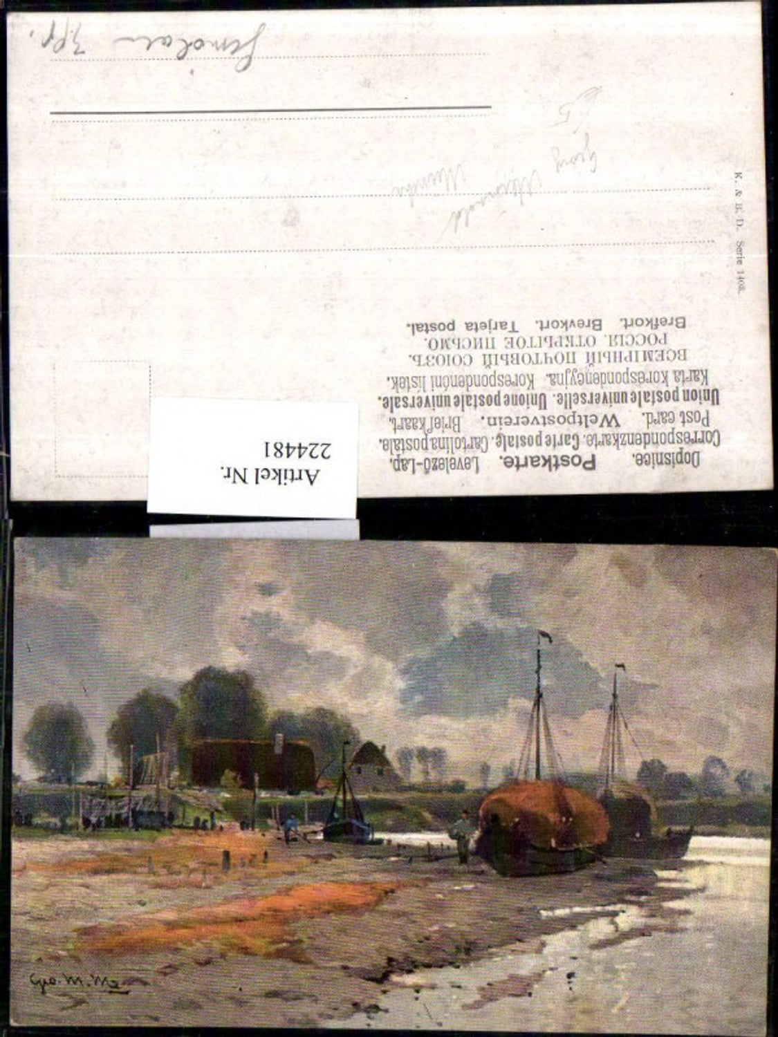 224481,Künstler AK Georg Meinhold München Segelboote Ufer