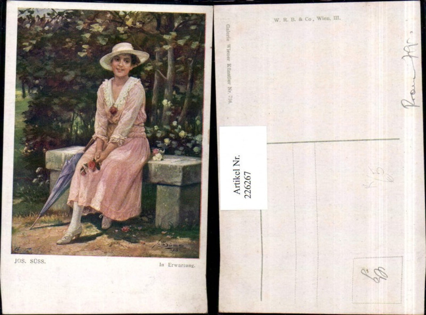 226267, Artist AK Josef Süss Expecting Woman with Hat Dress Parasol Flowers