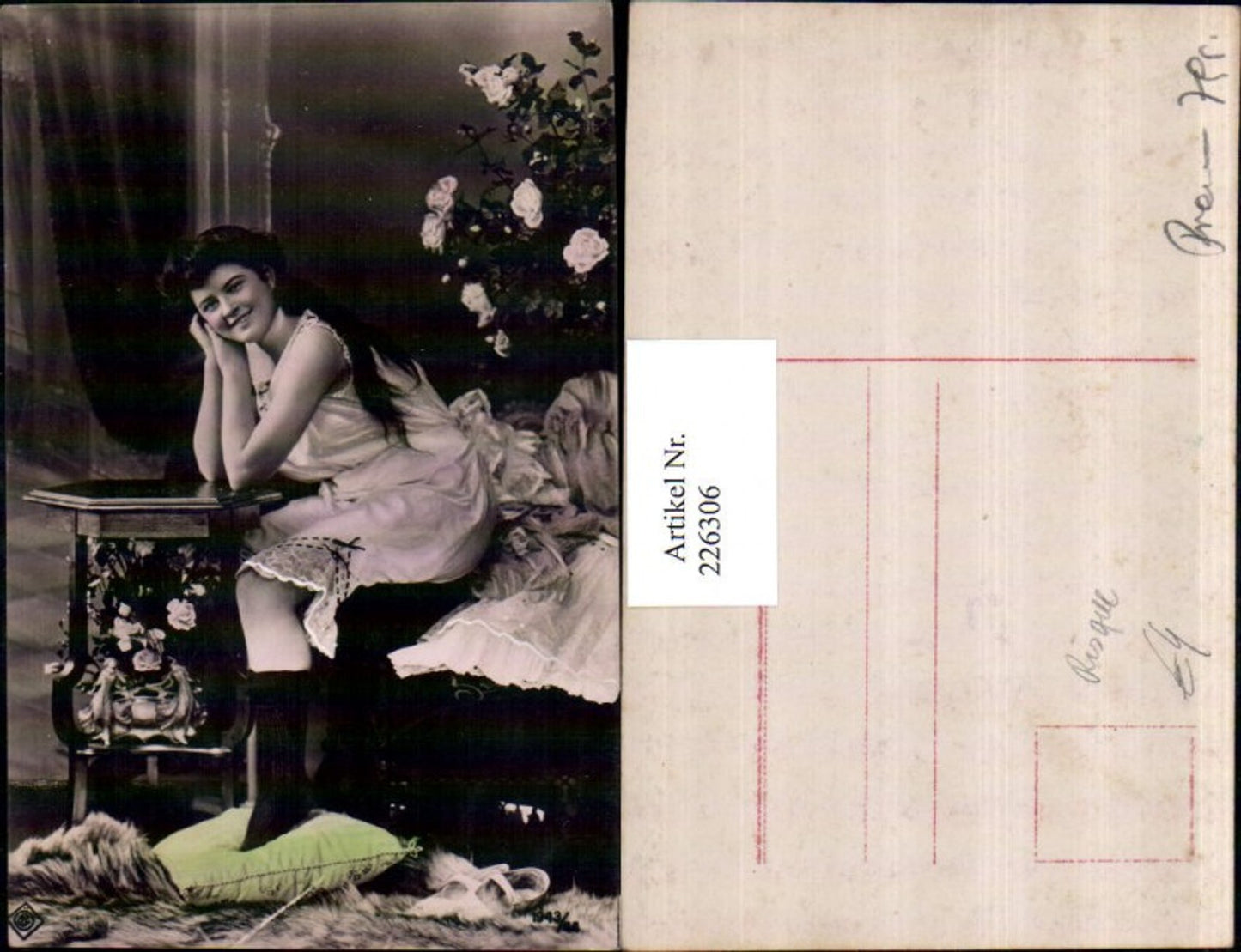 226306,Risque Girl in Negligee Table Flowers