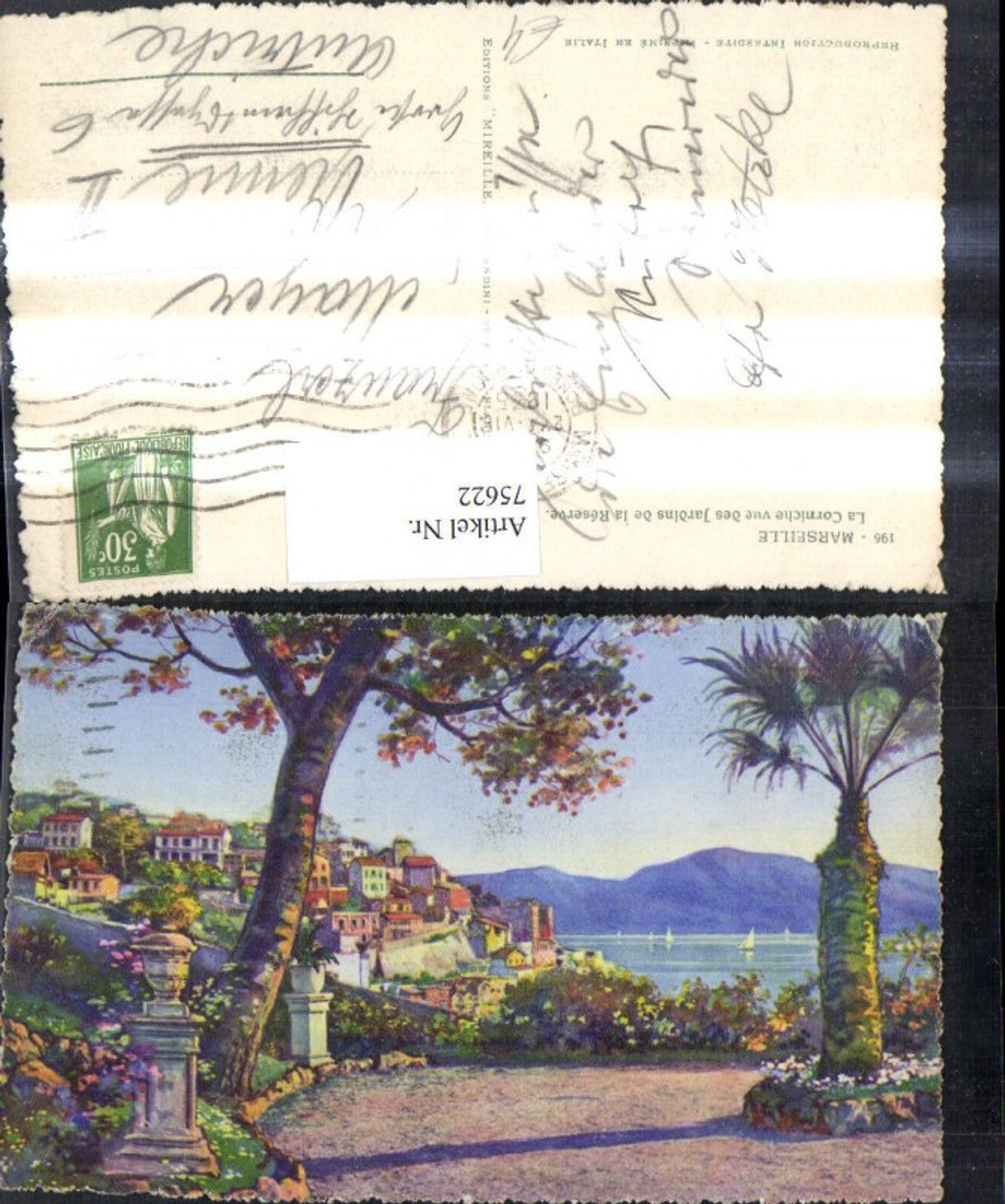 75622,Artist Postcard Marseille La Corniche vue des Jardins de la Reserve
