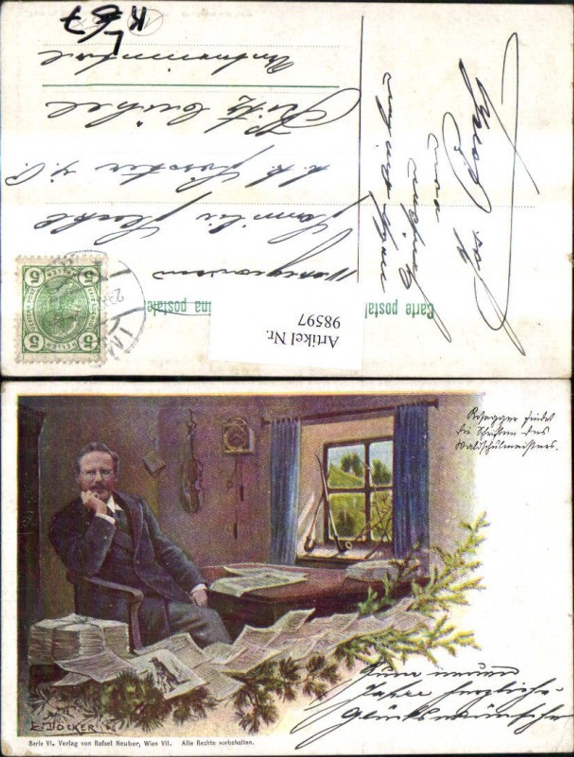 98597, Artist Lithograph E. Döcker Jr. Rosegger Writer with paper pages