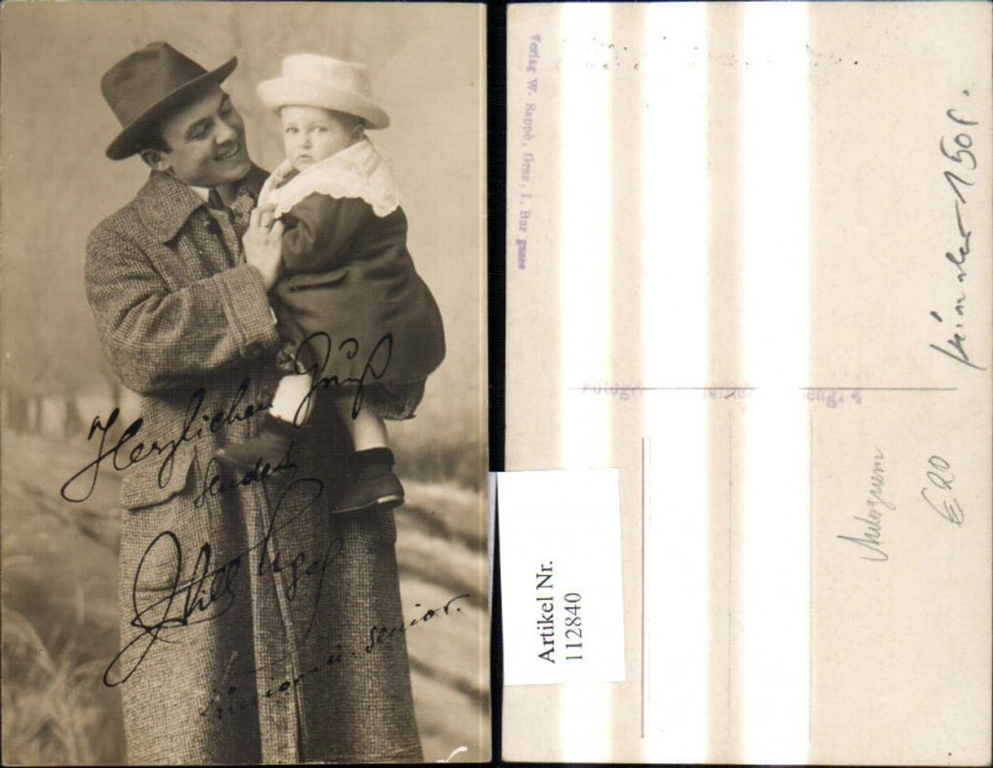 112840, Photo Ak actor Willi Agel with his child autograph