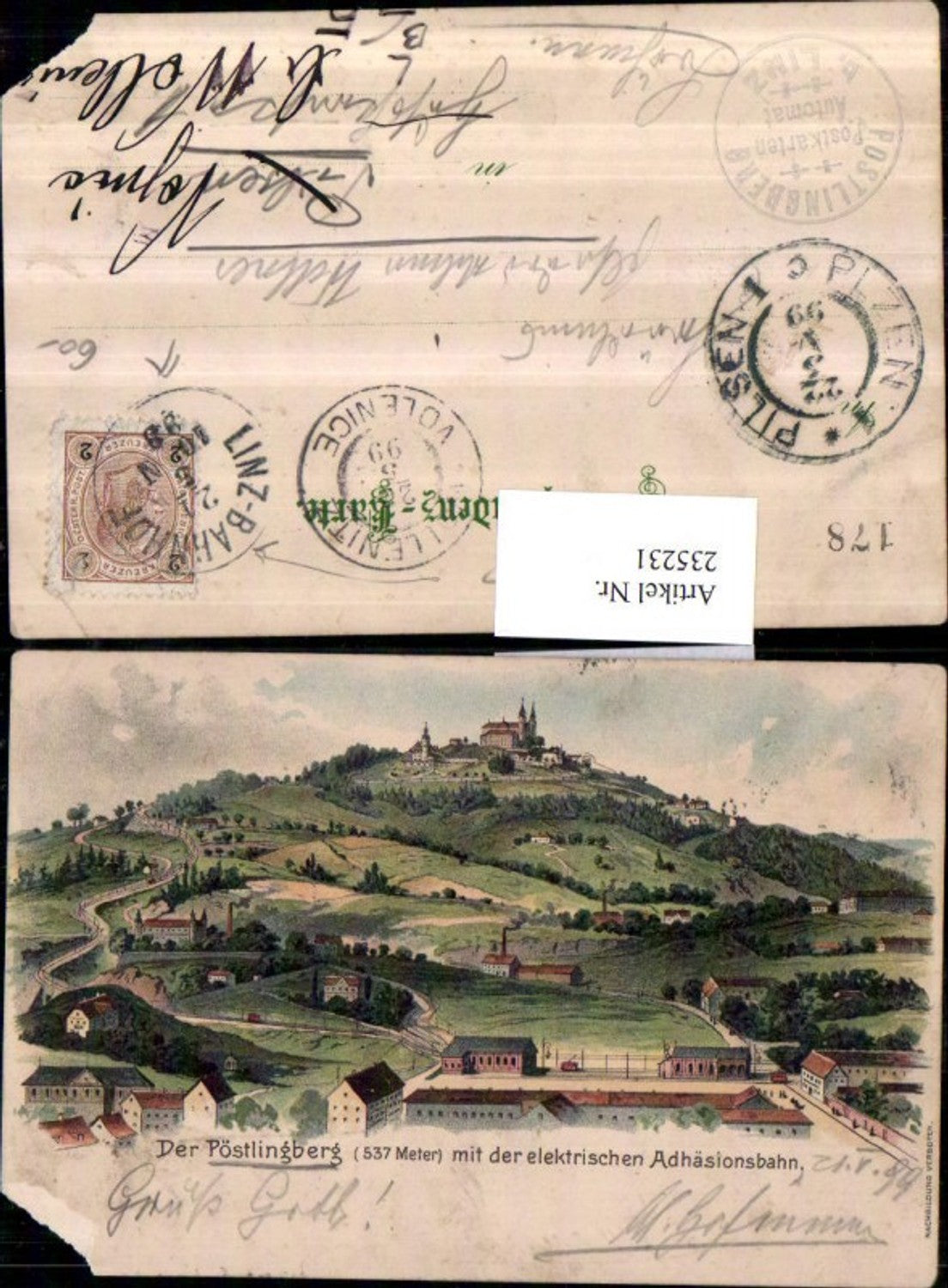 235231,Litho AK Linz on the Danube Pöstlingberg with the electric adhesion railway