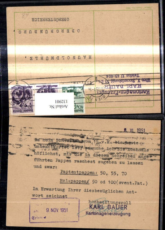 132901, Advertising business postcard, cardboard packaging, manufacturer Karl Bauer, Haunoldmühle