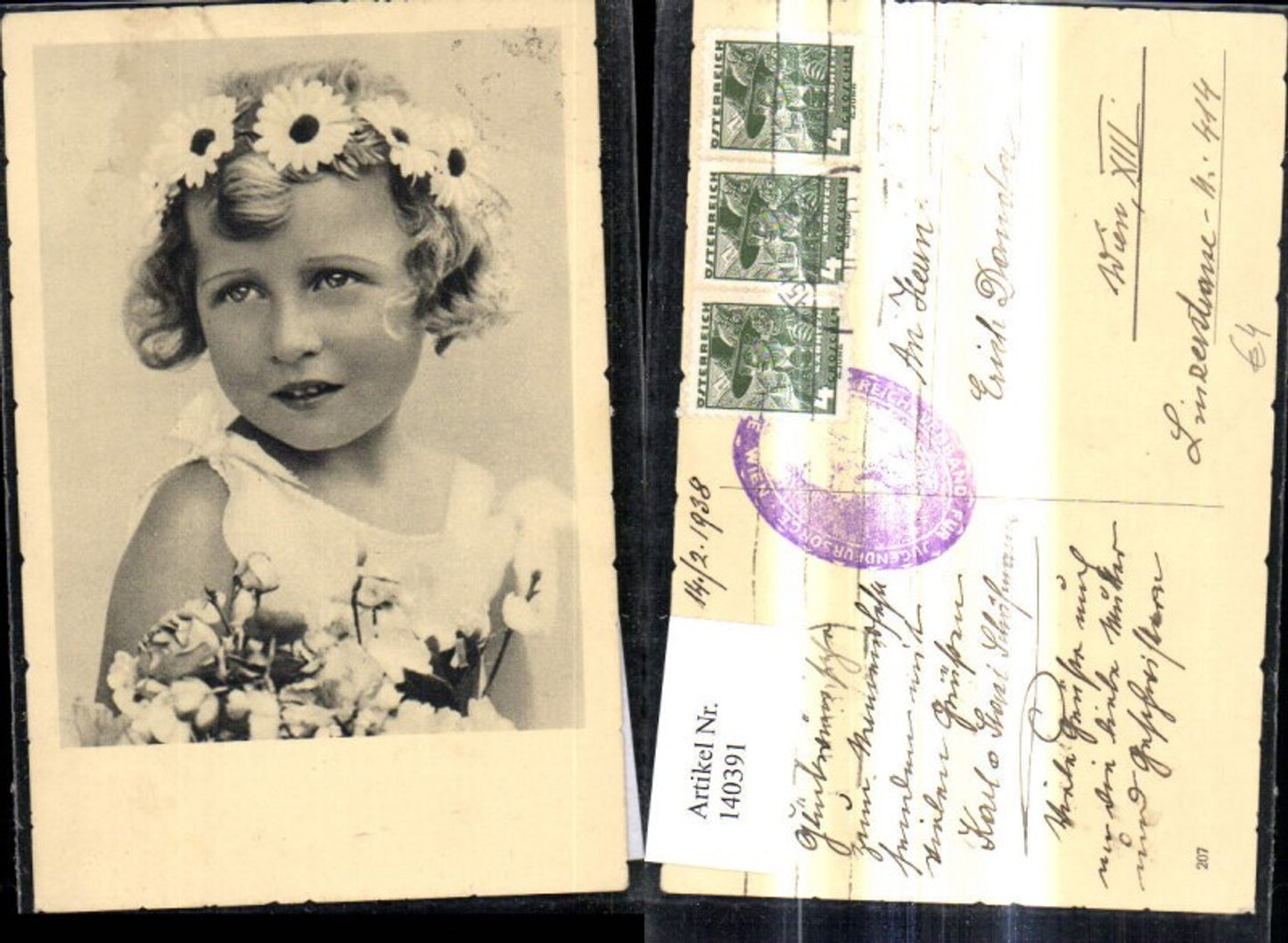 140391,Foto Ak Kind Mädchen m. Blumen Margeriten i. Haar