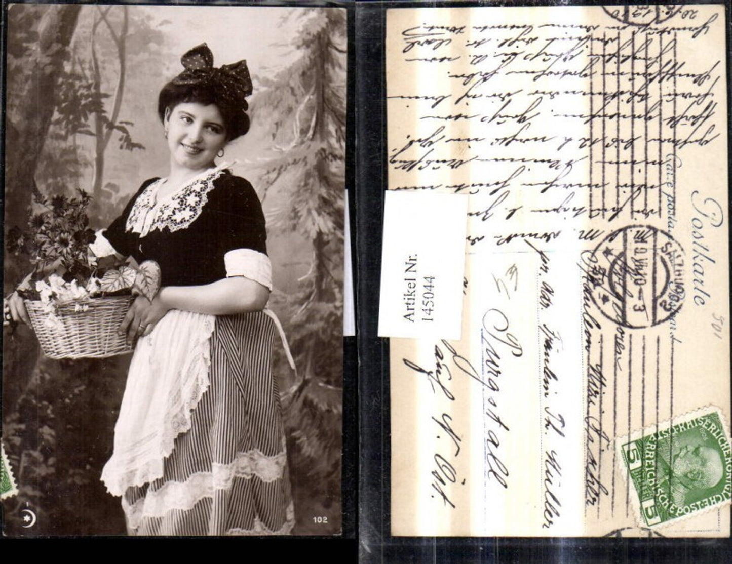 145044, Female maid with flower basket, ribbon in hair