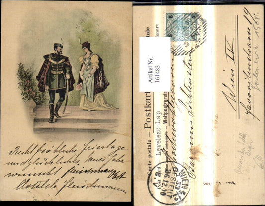 161483, Lithograph Artist AK Russian Soldier with Sword Uniform Woman Dress Fan