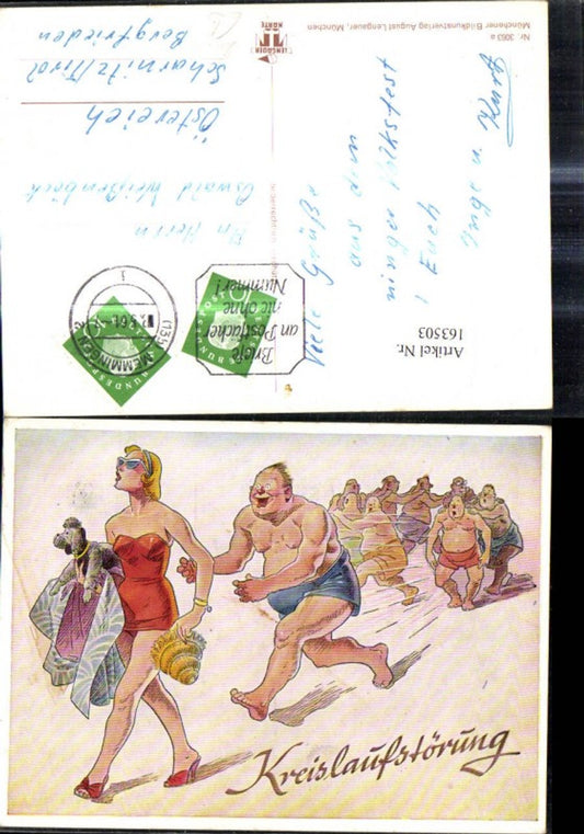 163503,Künstler Ak Frau i. Badeanzug Hund  Männer laufen hinterher Kreislaufstörung Scherz Humor
