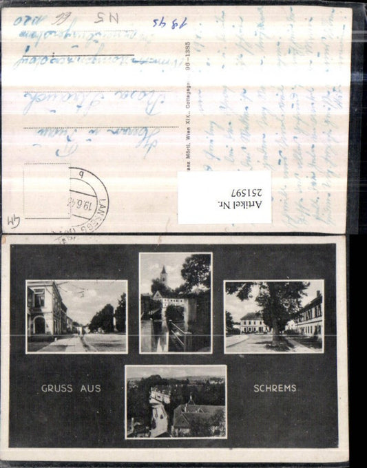 251597, Greetings from Schrems, Total view of church tower, street view, multi-view postcard