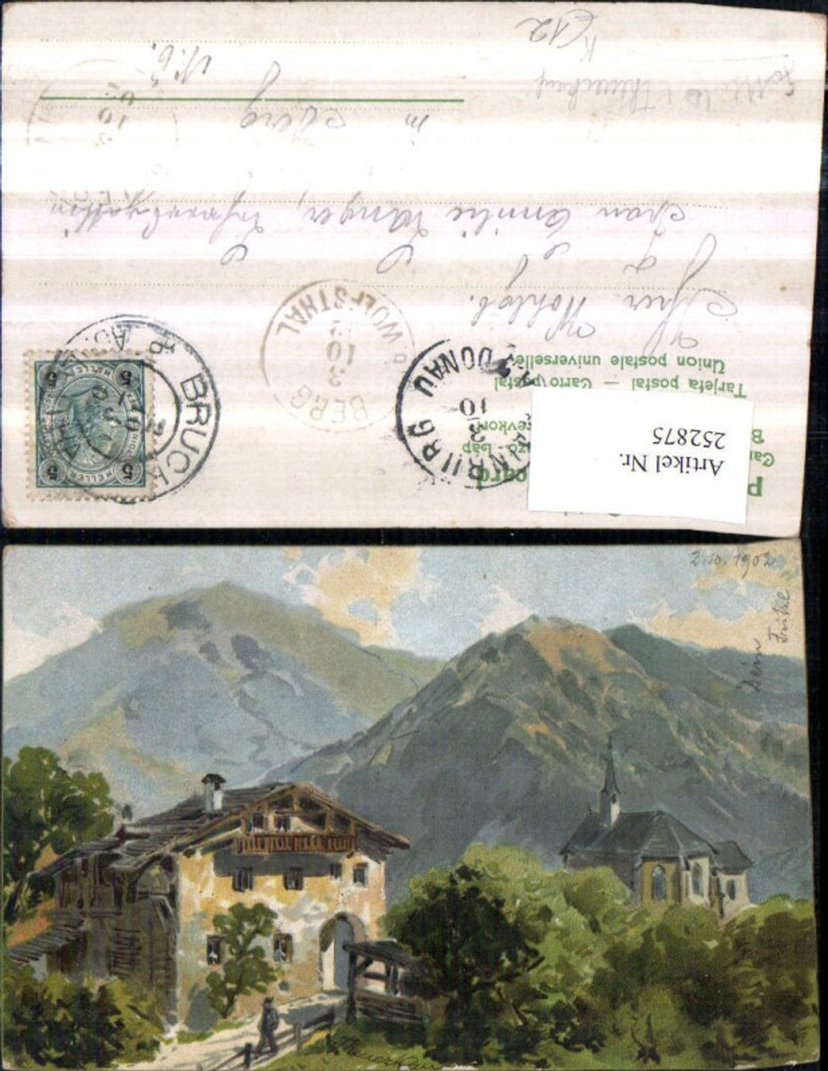 252875,Künstler AK Theuerkauf Bergkulisse Hausansicht Kirche