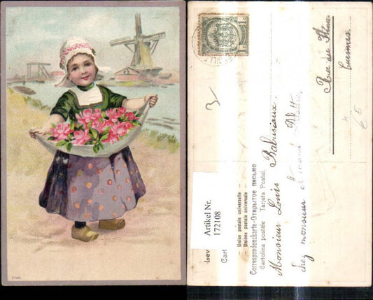 172108,Präge Ak Windmühle Mädchen Holländischer Tracht Holzschuhe m. Blumen Rosen i. Vordergrund