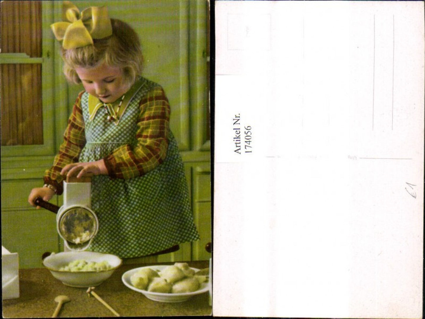 174056, Children Blonde girl with hair bow with meat grinder