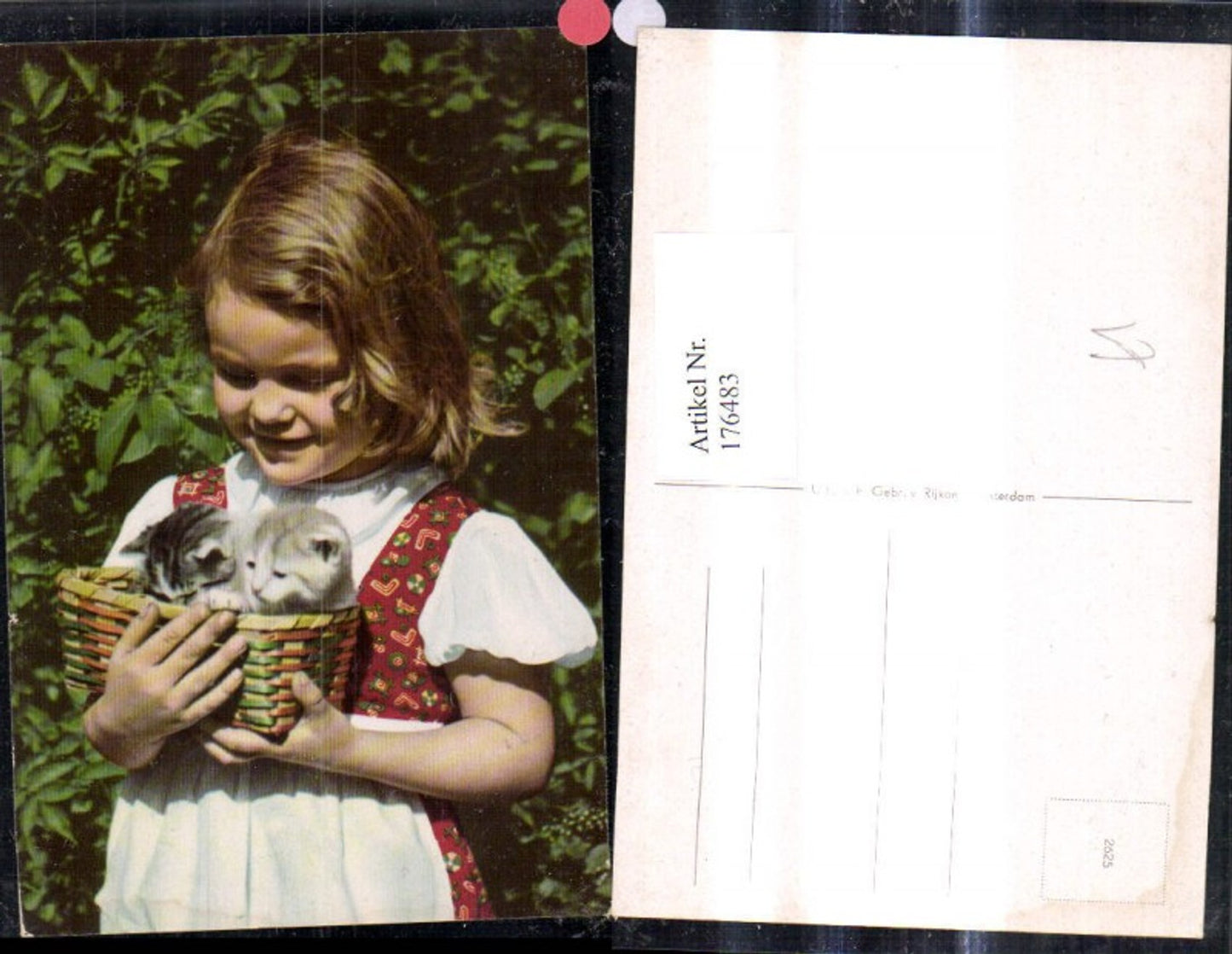176483,Kind Mädchen i. Dirndl m. Korb Katzen Katzenkinder Tiere