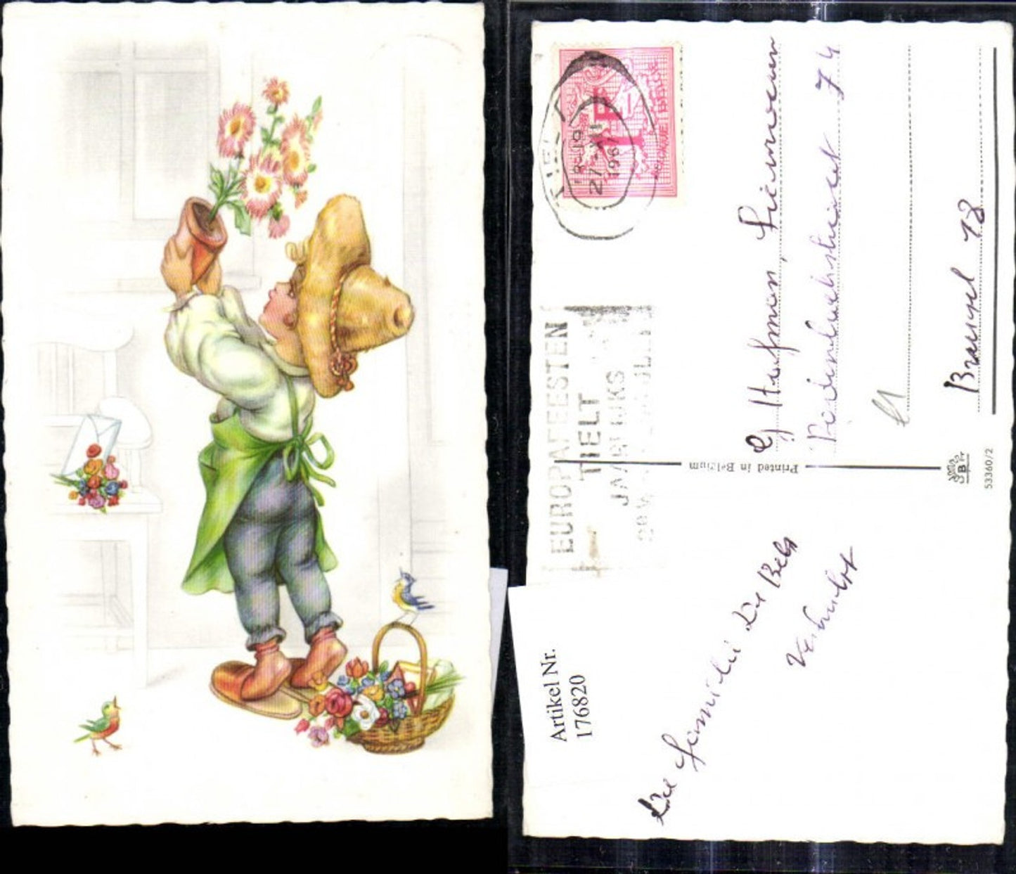176820, Artist Ak Child Boy Hat Apron Flowerpot Letter Bird Basket with Flowers 