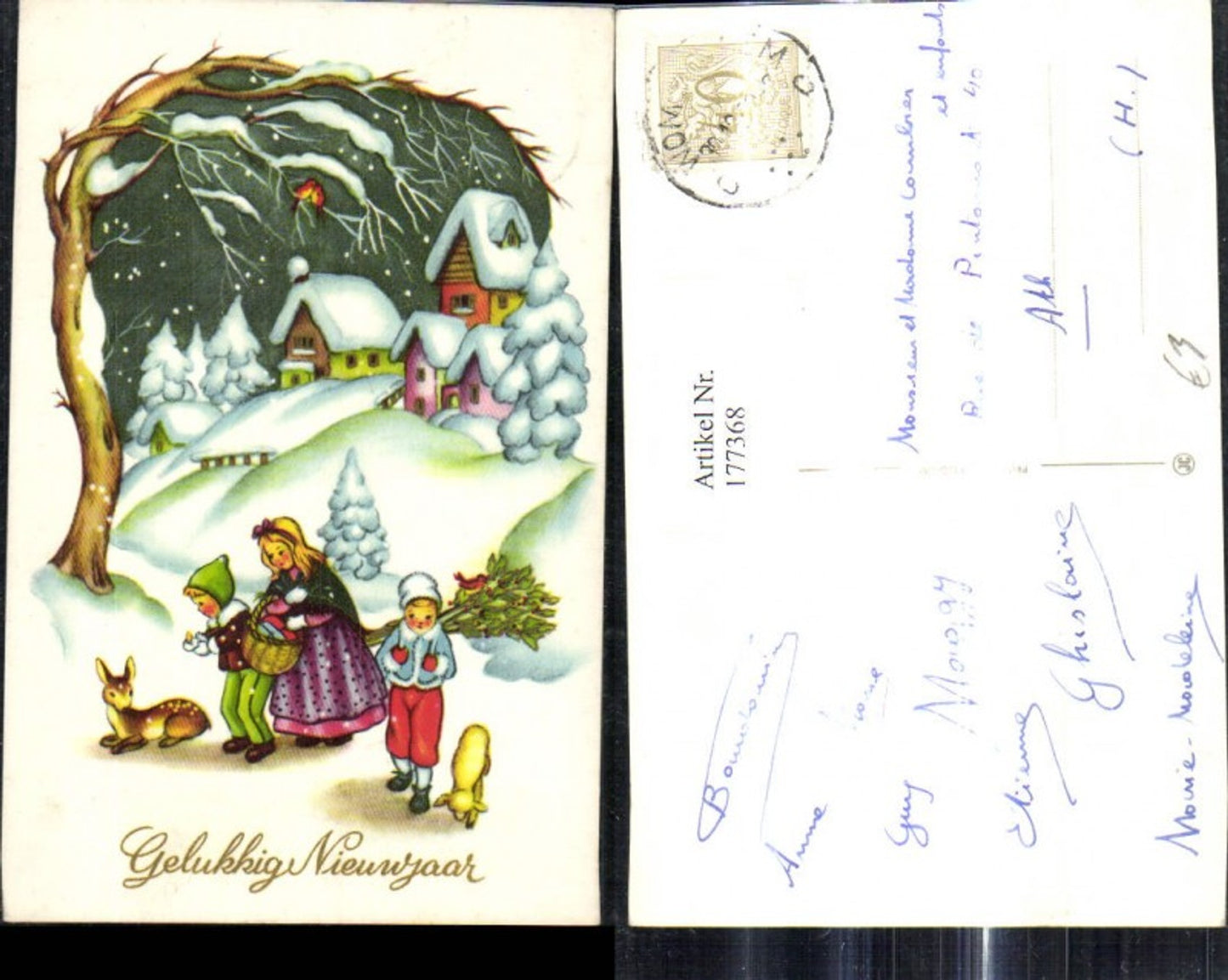 177368, Artist Ak Children in Winter Forest Deer Basket with Gifts Birds Happy New Year