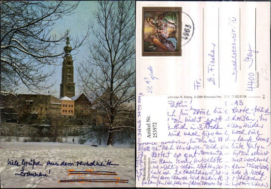 253972, Braunau am Inn, view of church tower, winter scene
