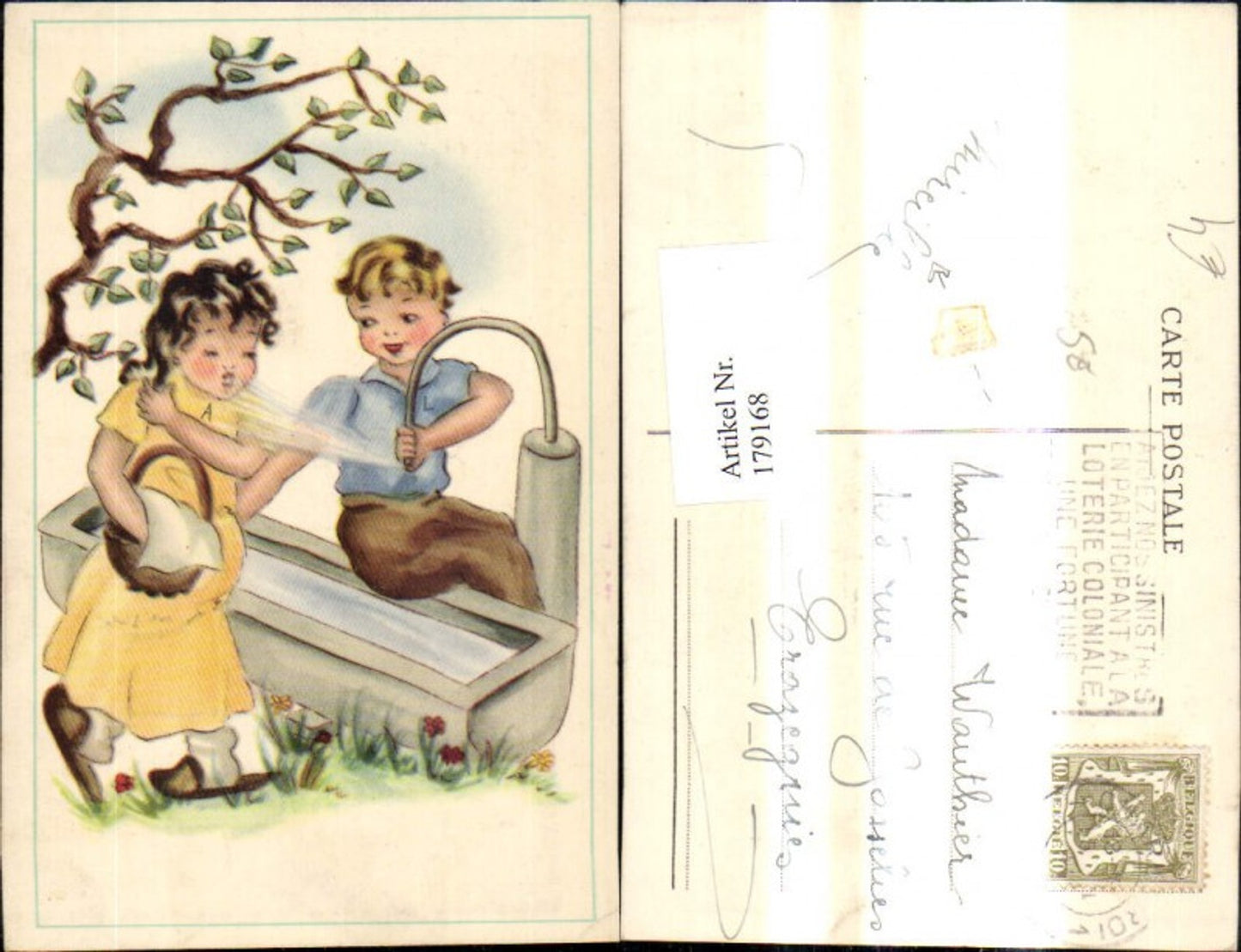179168, Artist Ak Children at Fountain Spraying Water Tree