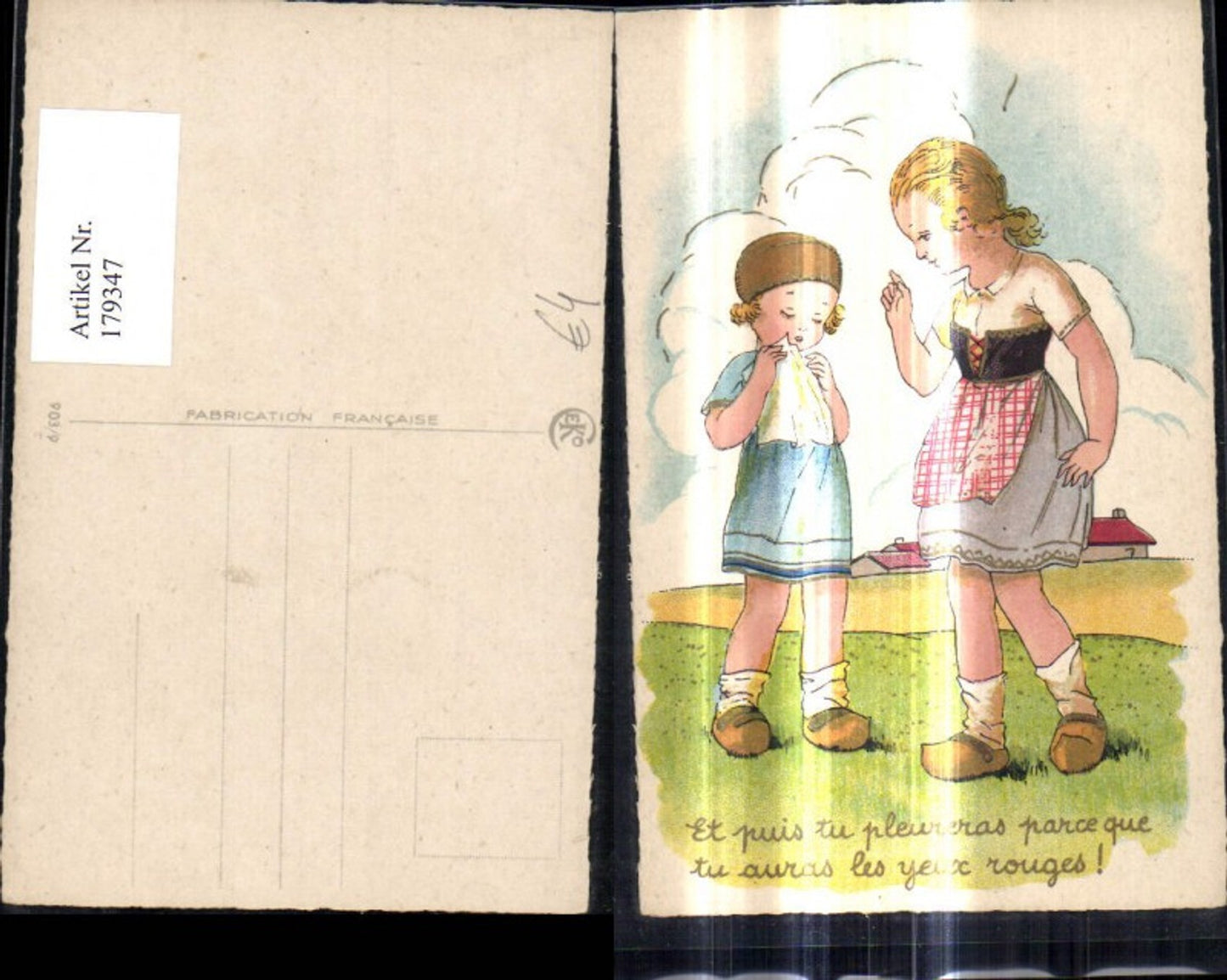 179347, Artist Ak Children Girls Wooden Shoes Handkerchief a. Meadow Saying Text